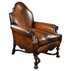 19th Century English Victorian Hand Dyed Leather Wing Back Armchair