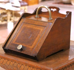 19th Century English Victorian Inlaid Walnut Coal Scuttle with Brass Handle