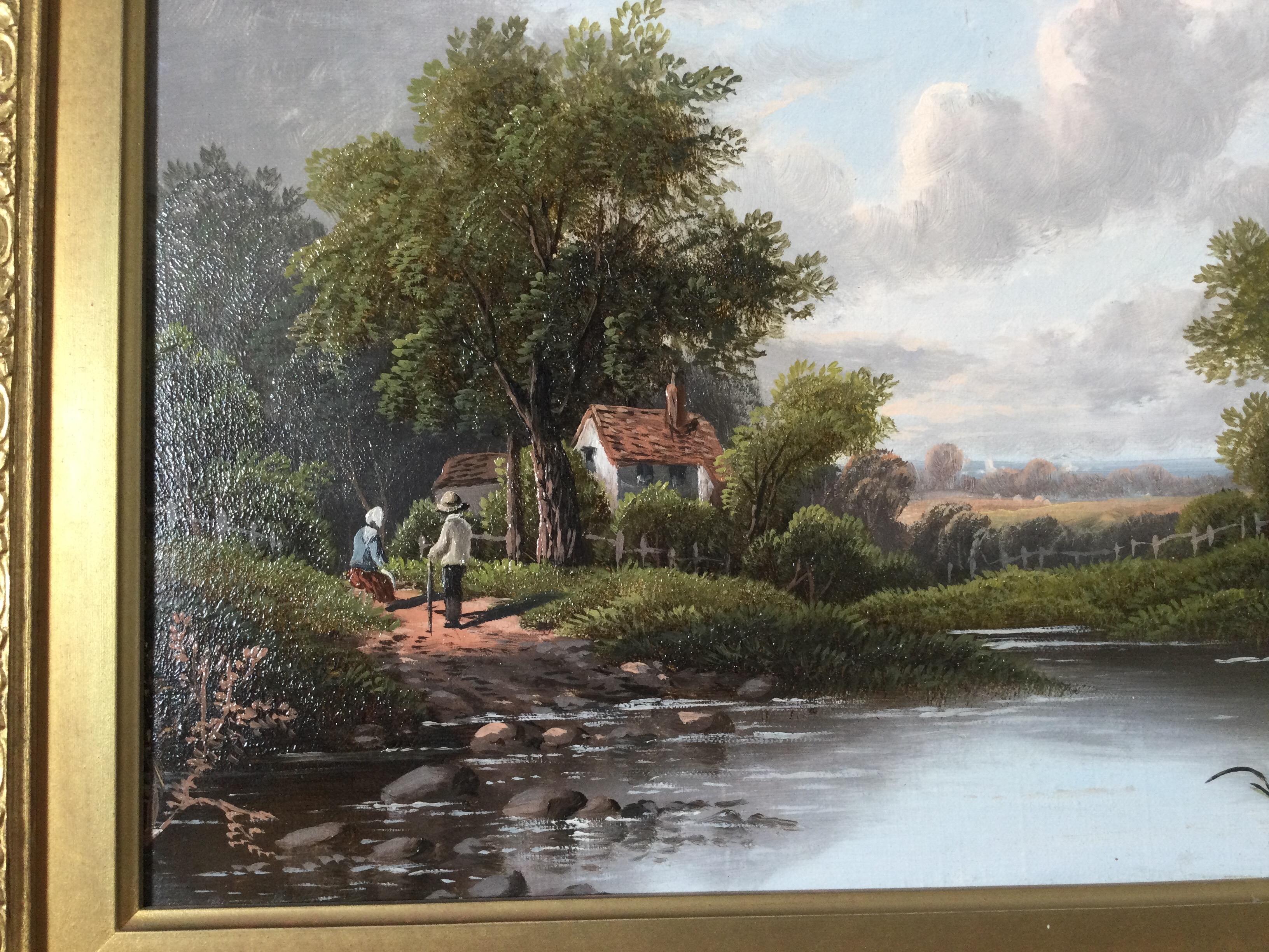 A 19th century oil on canvas bucolic landscape in original gilt wood frame. Artist signed E. Horton. This painting has been professionally cleaned and relined.