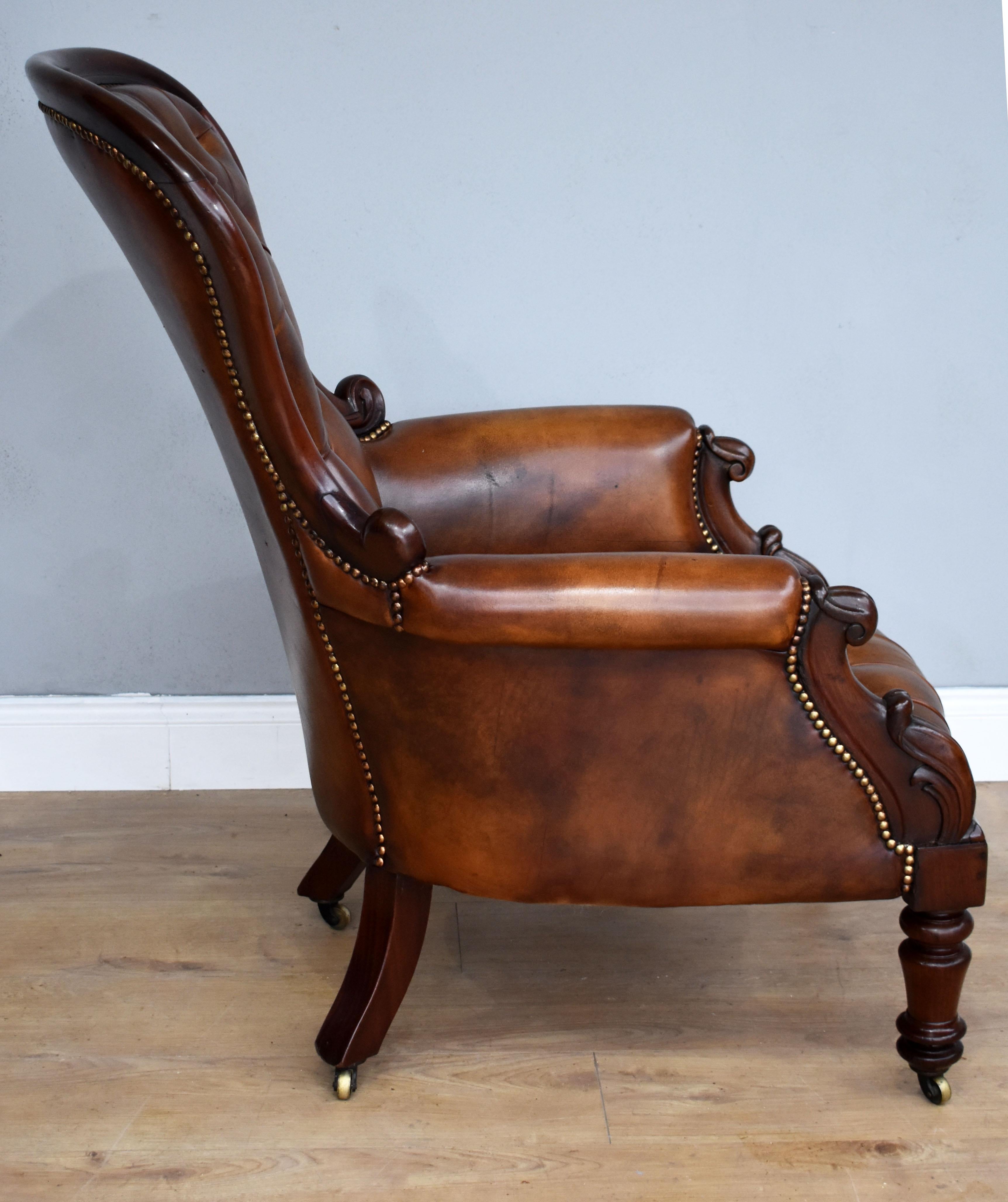 19th Century English Victorian Mahogany and Hand Dyed Leather Armchair 1