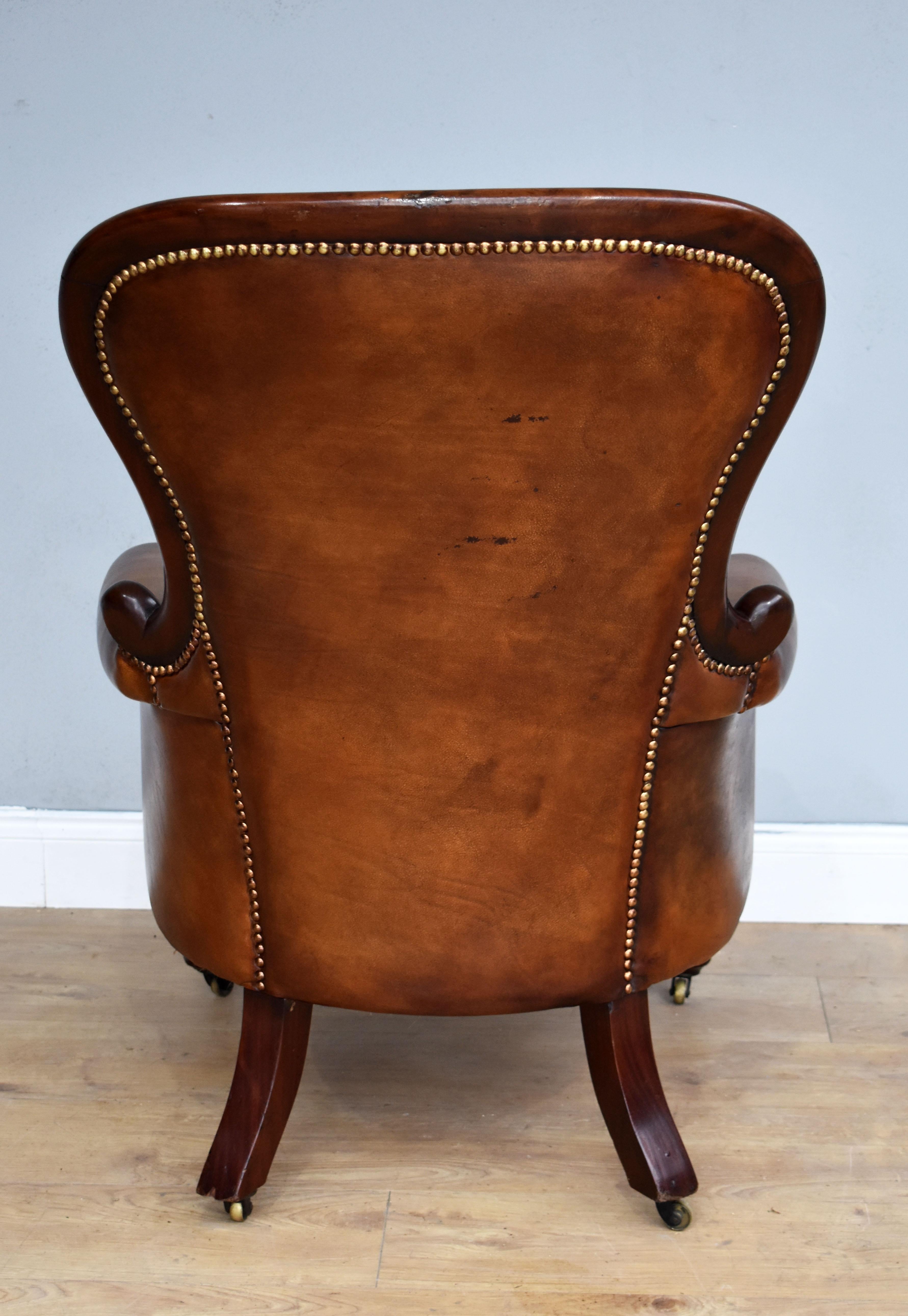 19th Century English Victorian Mahogany and Hand Dyed Leather Armchair 2