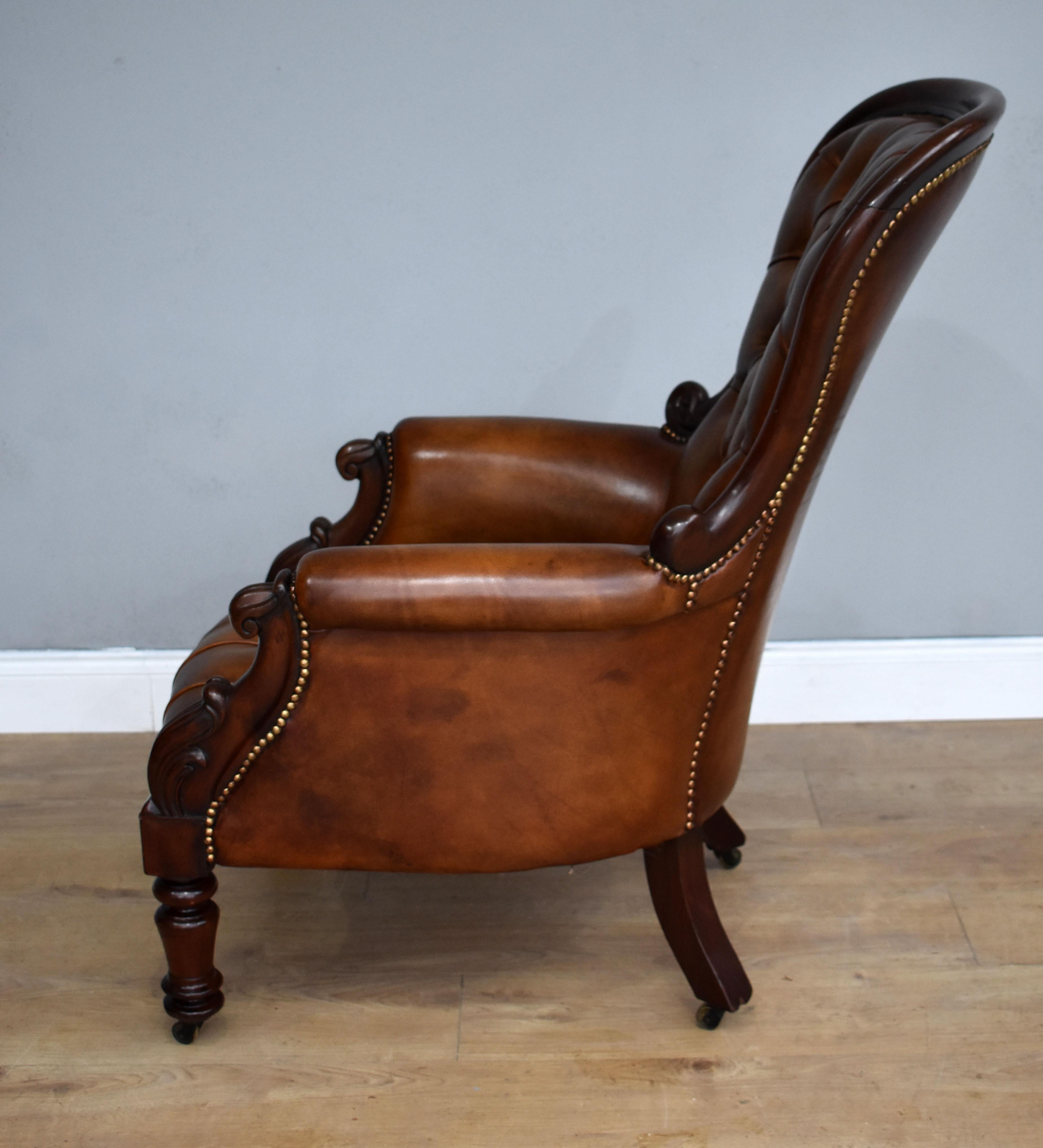 19th Century English Victorian Mahogany and Hand Dyed Leather Armchair 3