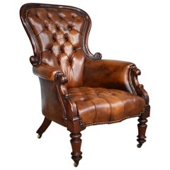 Antique 19th Century English Victorian Mahogany and Hand Dyed Leather Armchair