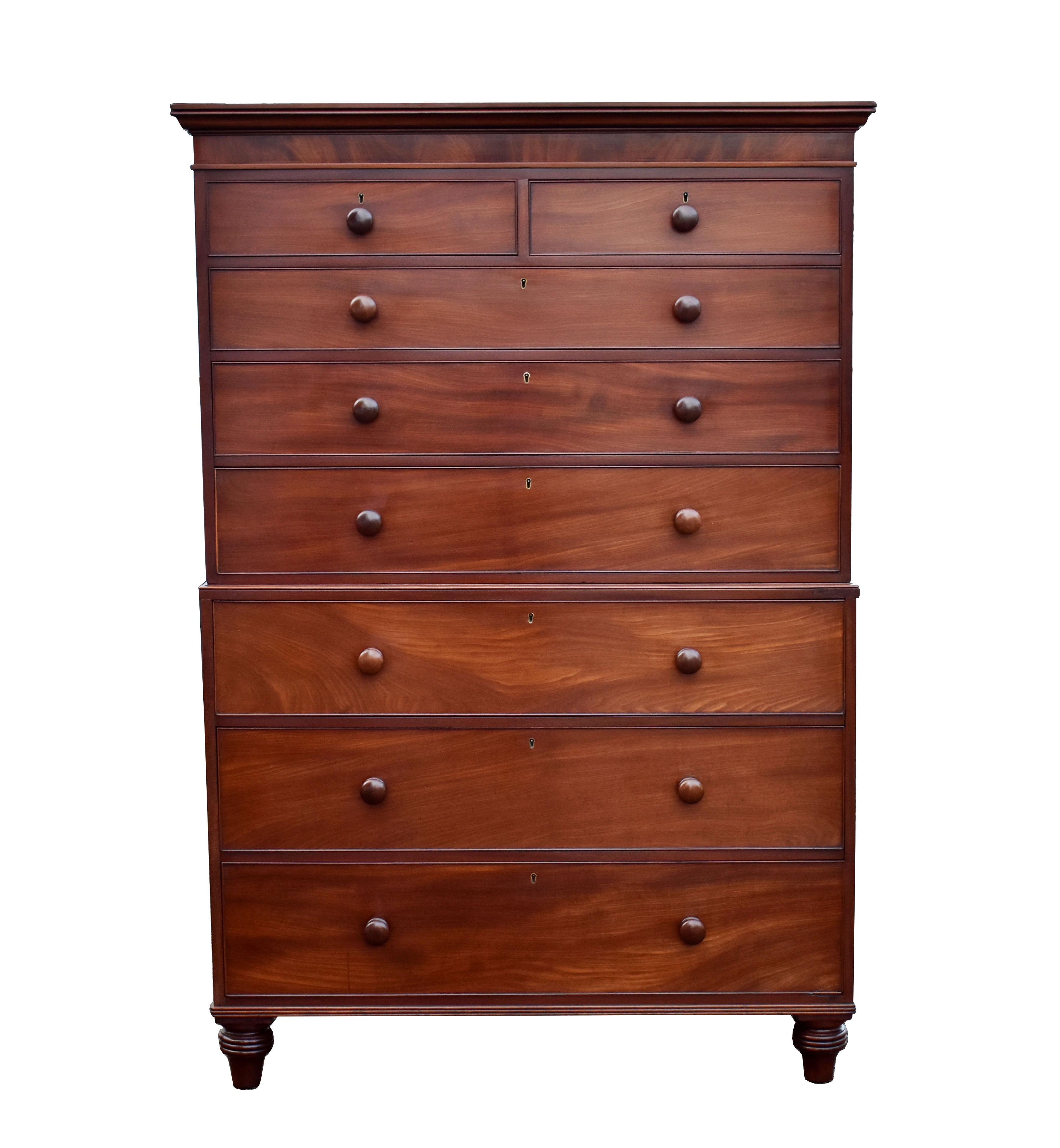 For sale is a good quality Victorian mahogany chest on chest. Having a flared cornice, above an arrangement of five drawers, the top chest has bun handles and fits onto the base chest, fitted with three more drawers. This piece is raised on turned