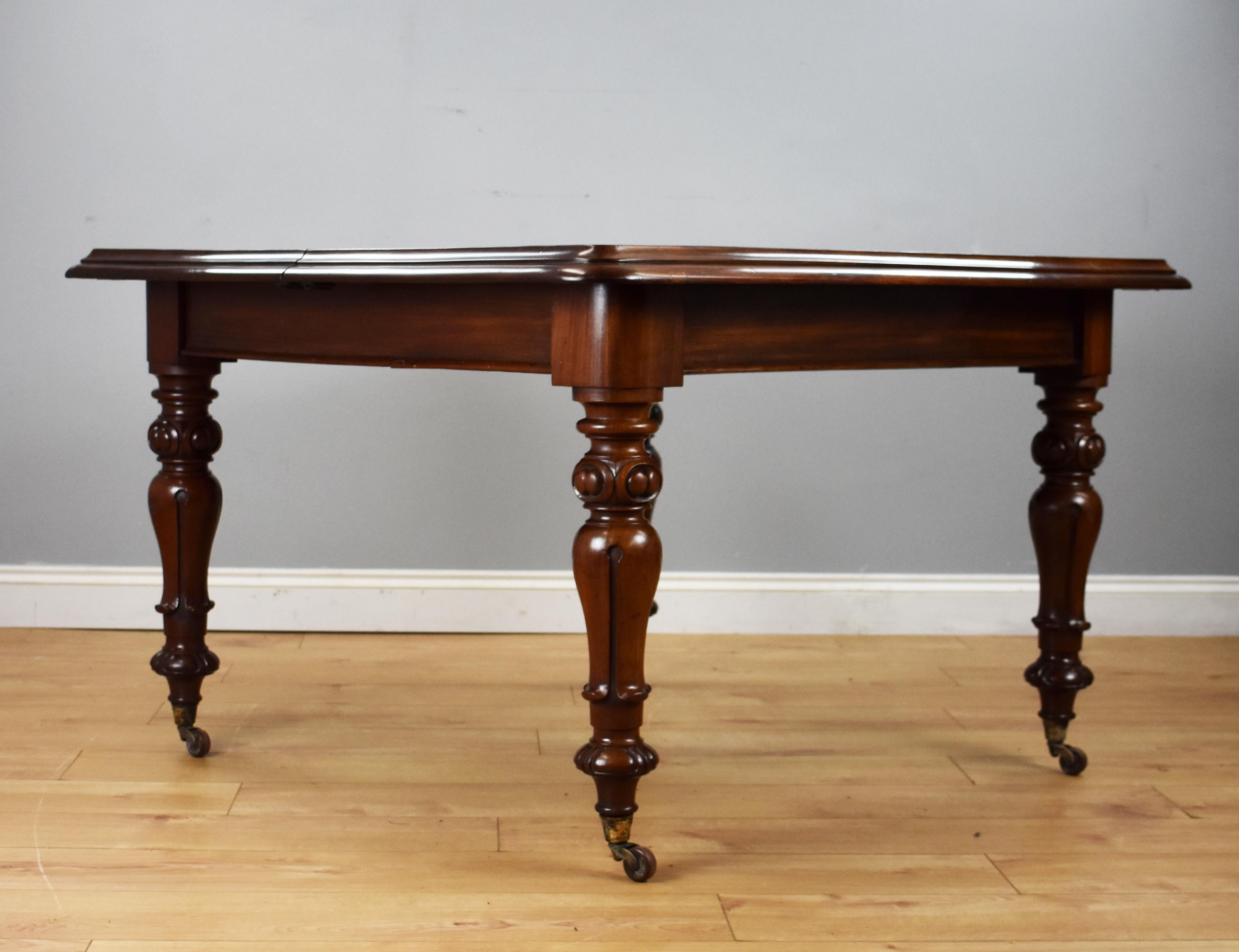 For sale is a good quality Victorian mahogany extending dining table, having two additional leaves. The table stands on elegantly turned and carved legs terminating on castors. The table is in very good condition for its age and is a good even
