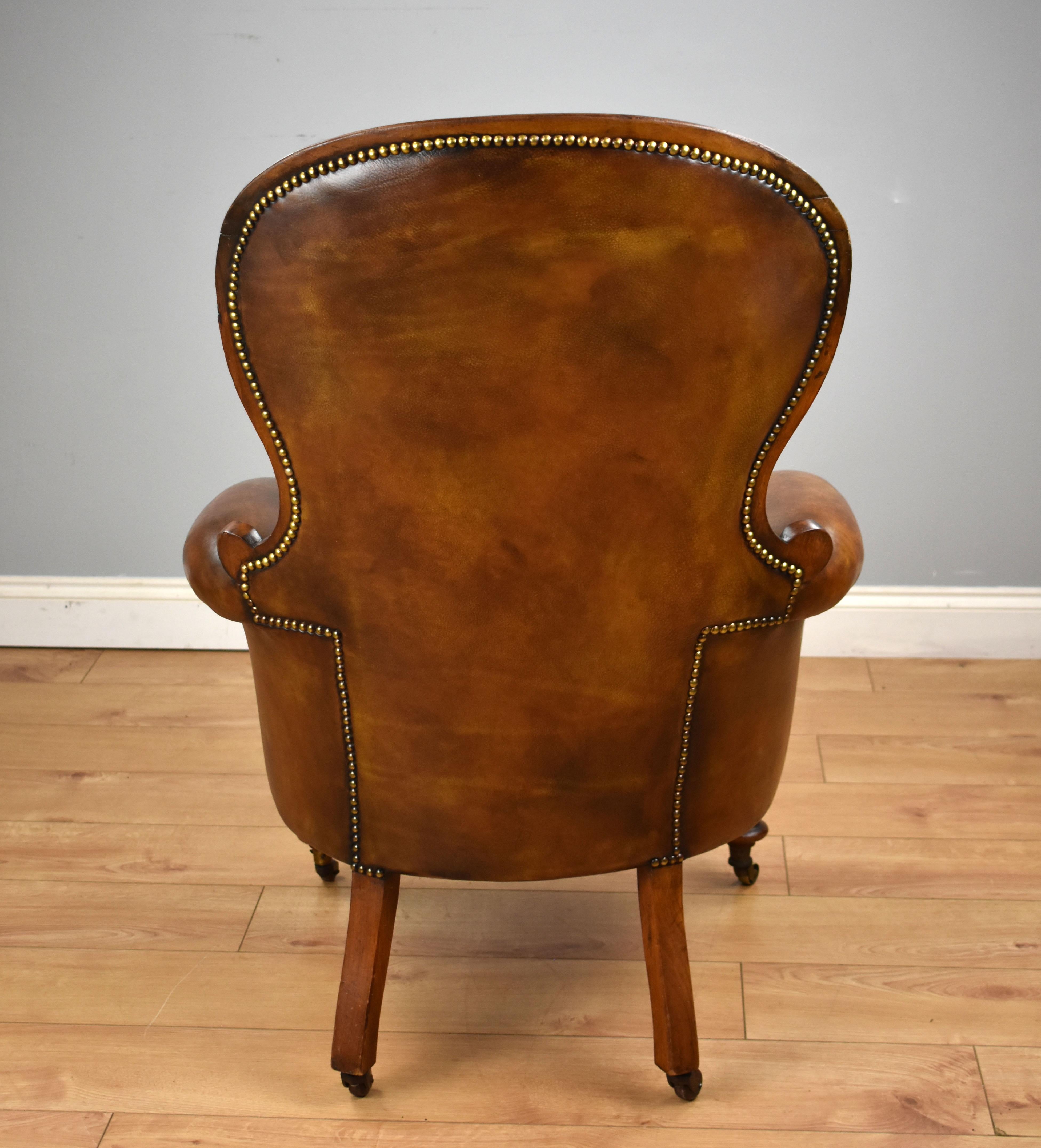 19th Century English Victorian Mahogany Hand Dyed Leather Armchair 1