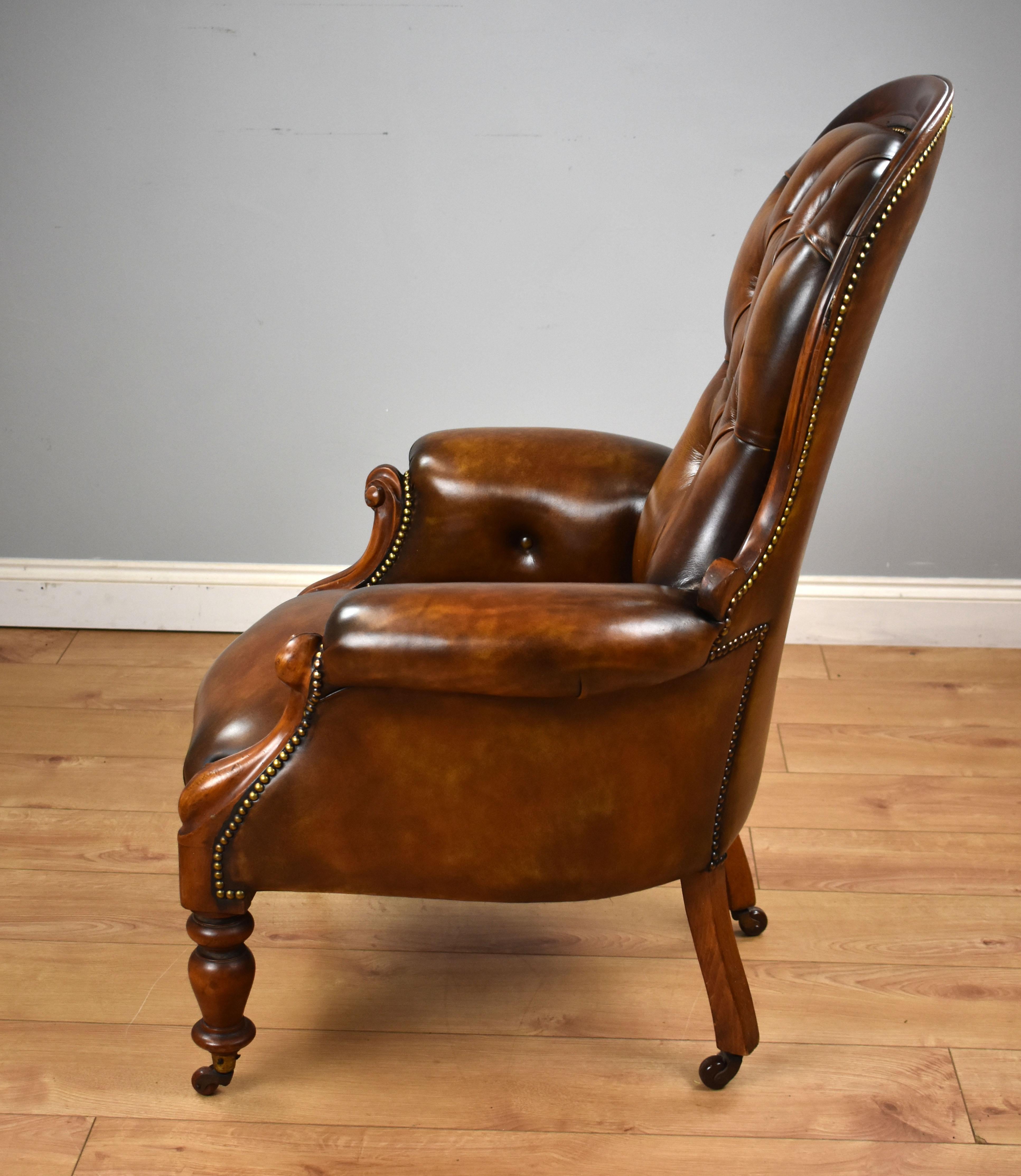 19th Century English Victorian Mahogany Hand Dyed Leather Armchair 2