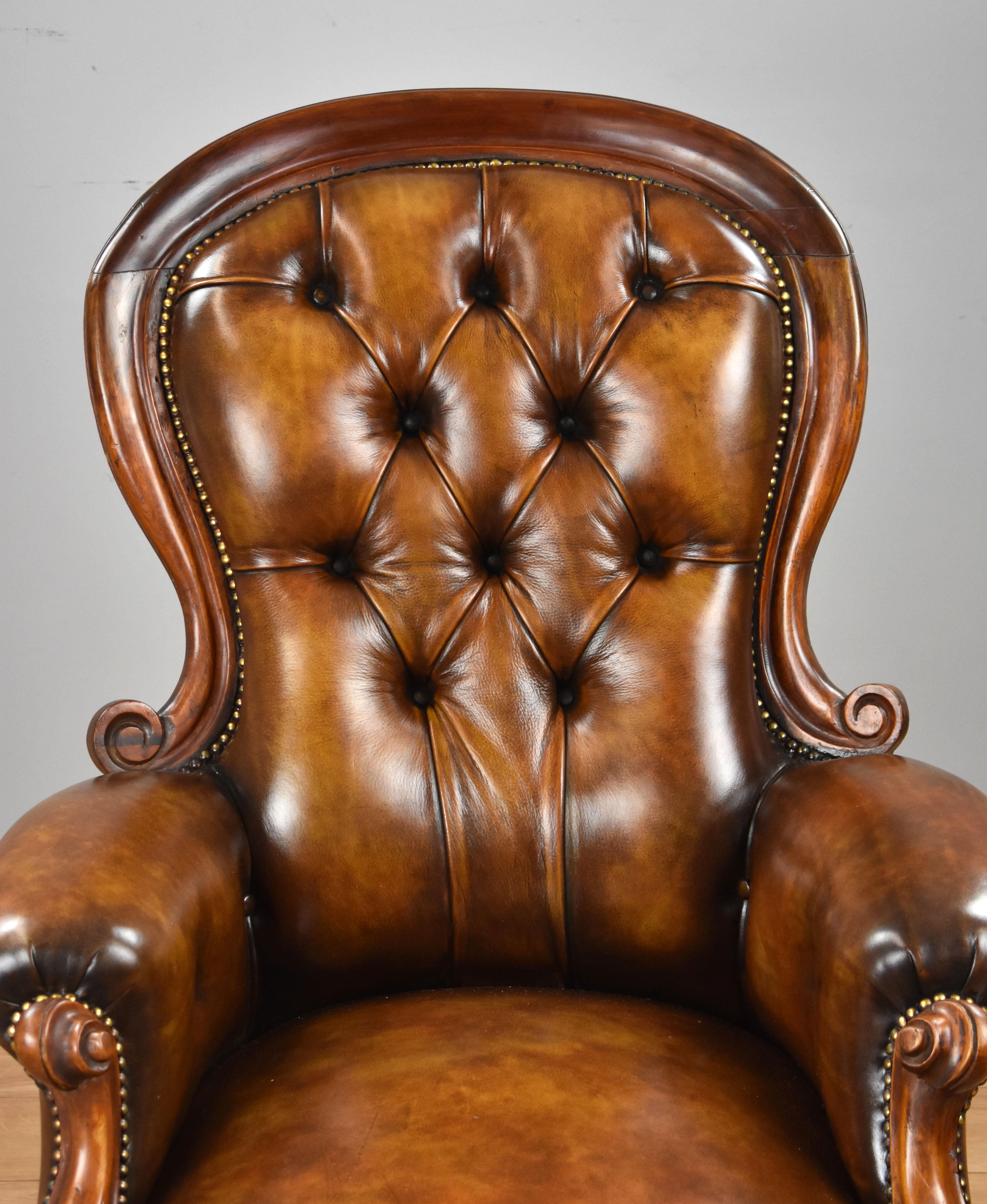 19th Century English Victorian Mahogany Hand Dyed Leather Armchair 3