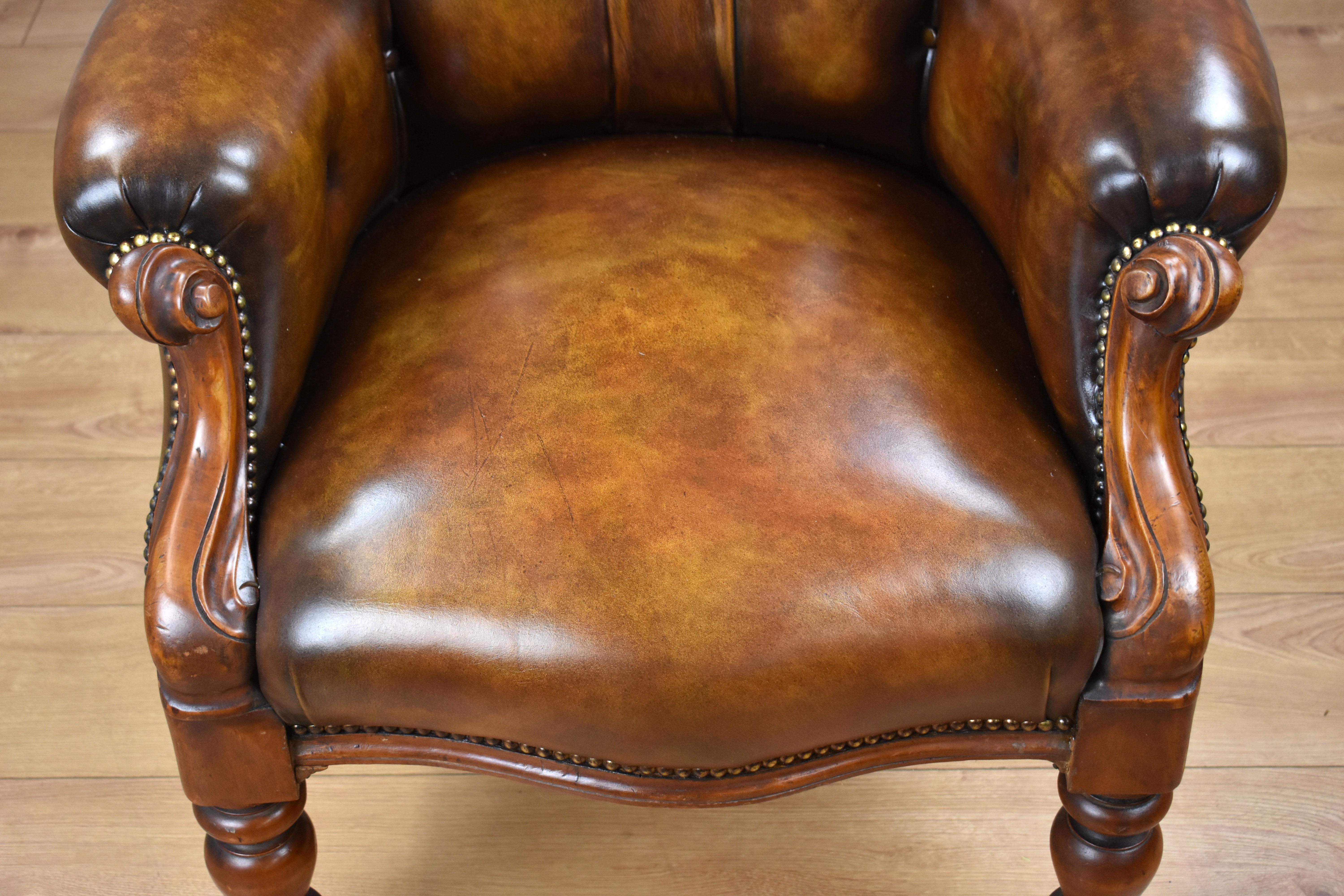 19th Century English Victorian Mahogany Hand Dyed Leather Armchair 4