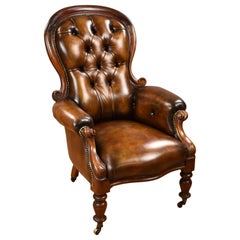 Antique 19th Century English Victorian Mahogany Hand Dyed Leather Armchair