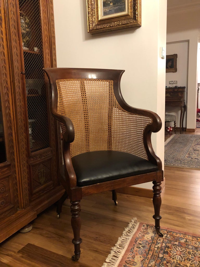 19th Century English Victorian Mahogany Library Chair with Caned Back