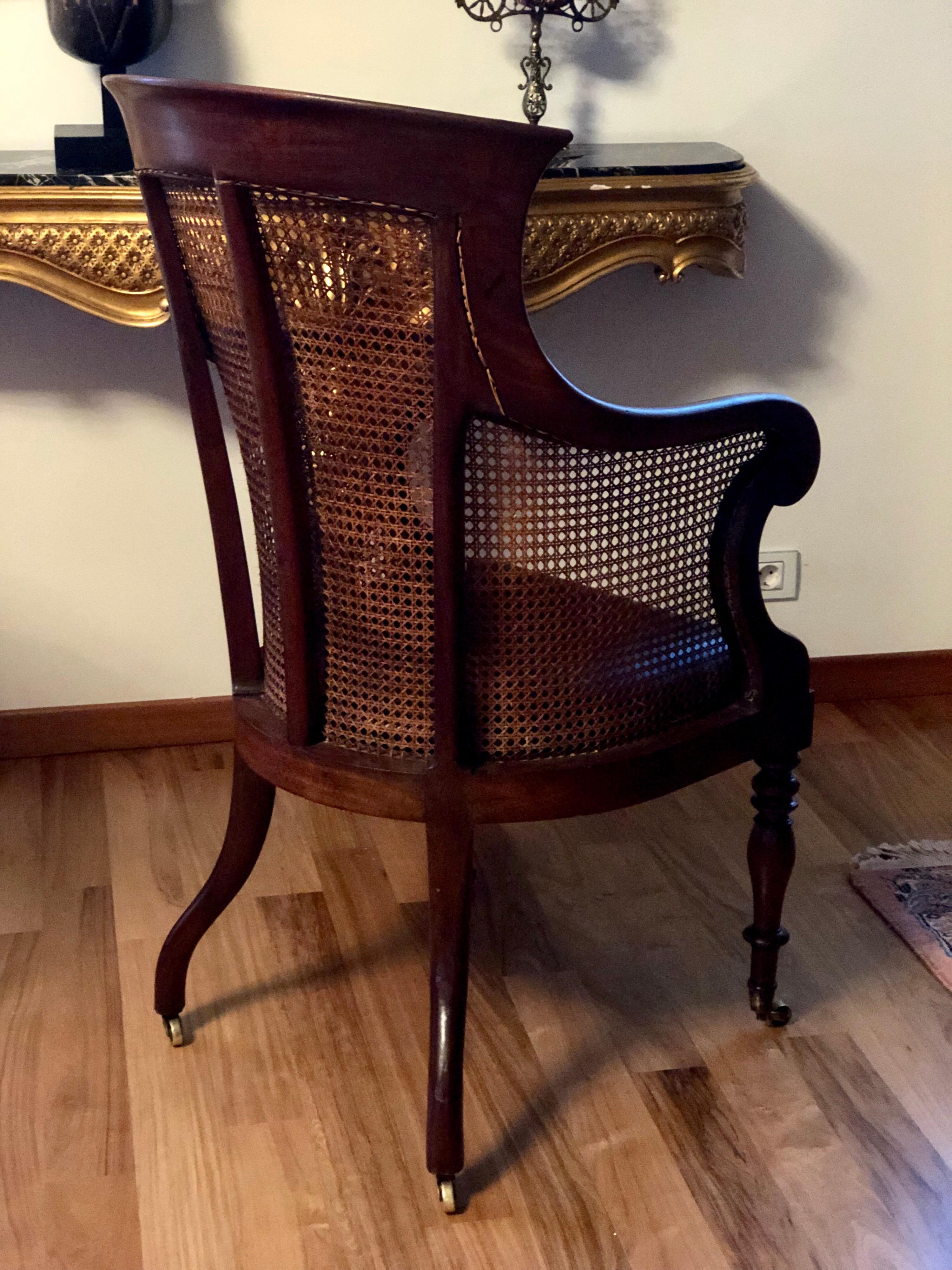 19th Century English Victorian Mahogany Library Chair with Caned Back and Sides In Good Condition In Sofia, BG