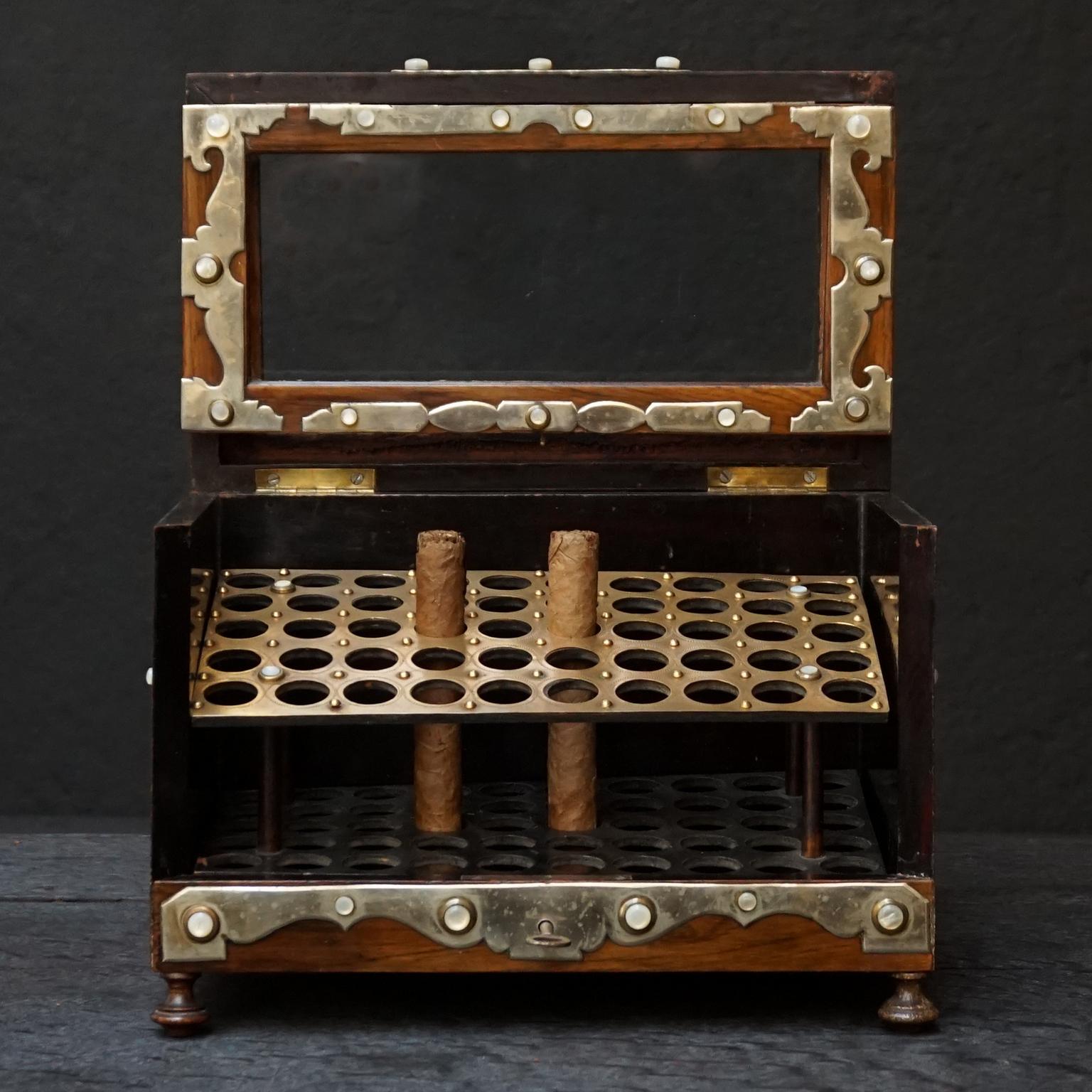 Brass 19th Century English Victorian Mahogany Veneer Cigar Box Humidor