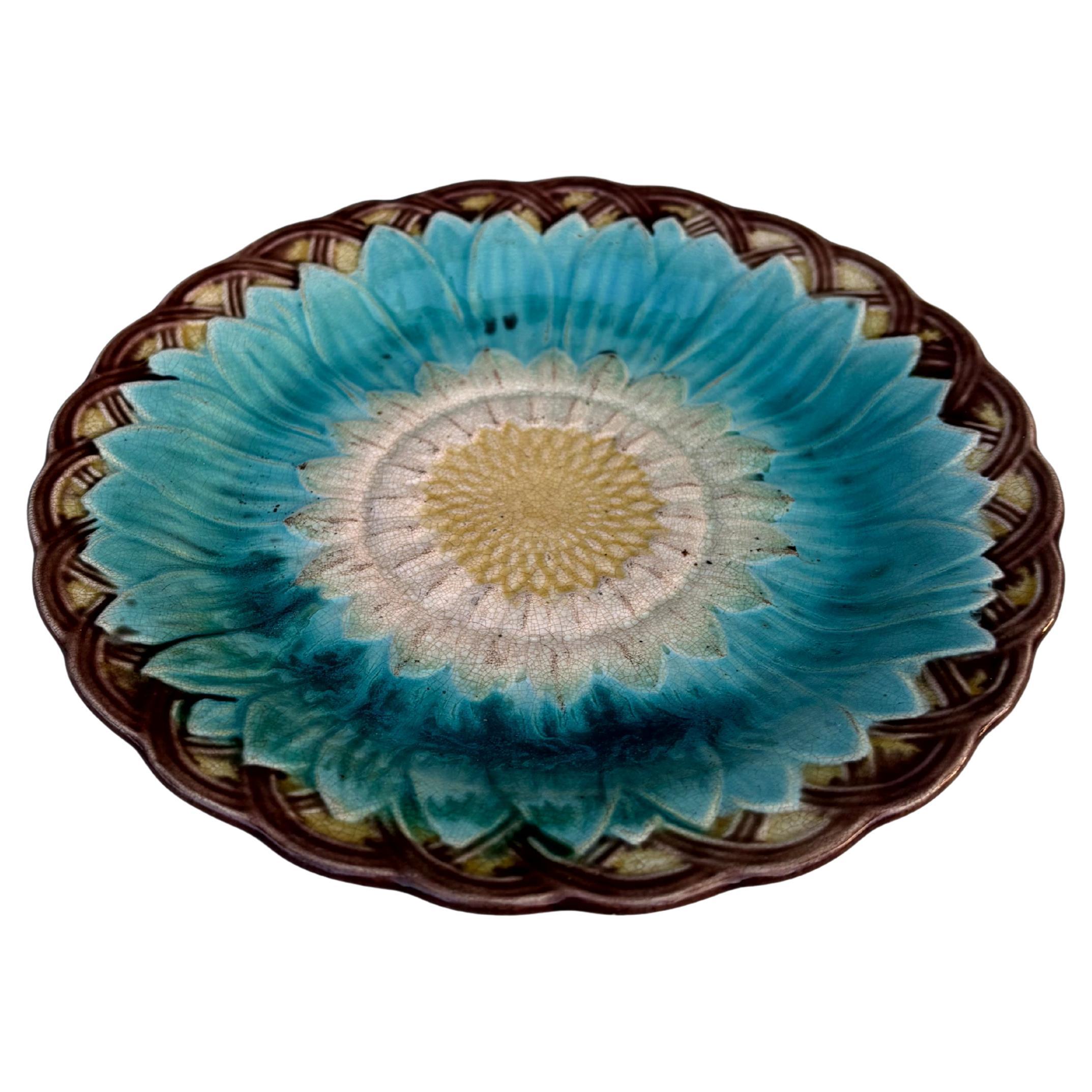 19th-century Victorian Majolica sunflower plate, Wedgwood mold.