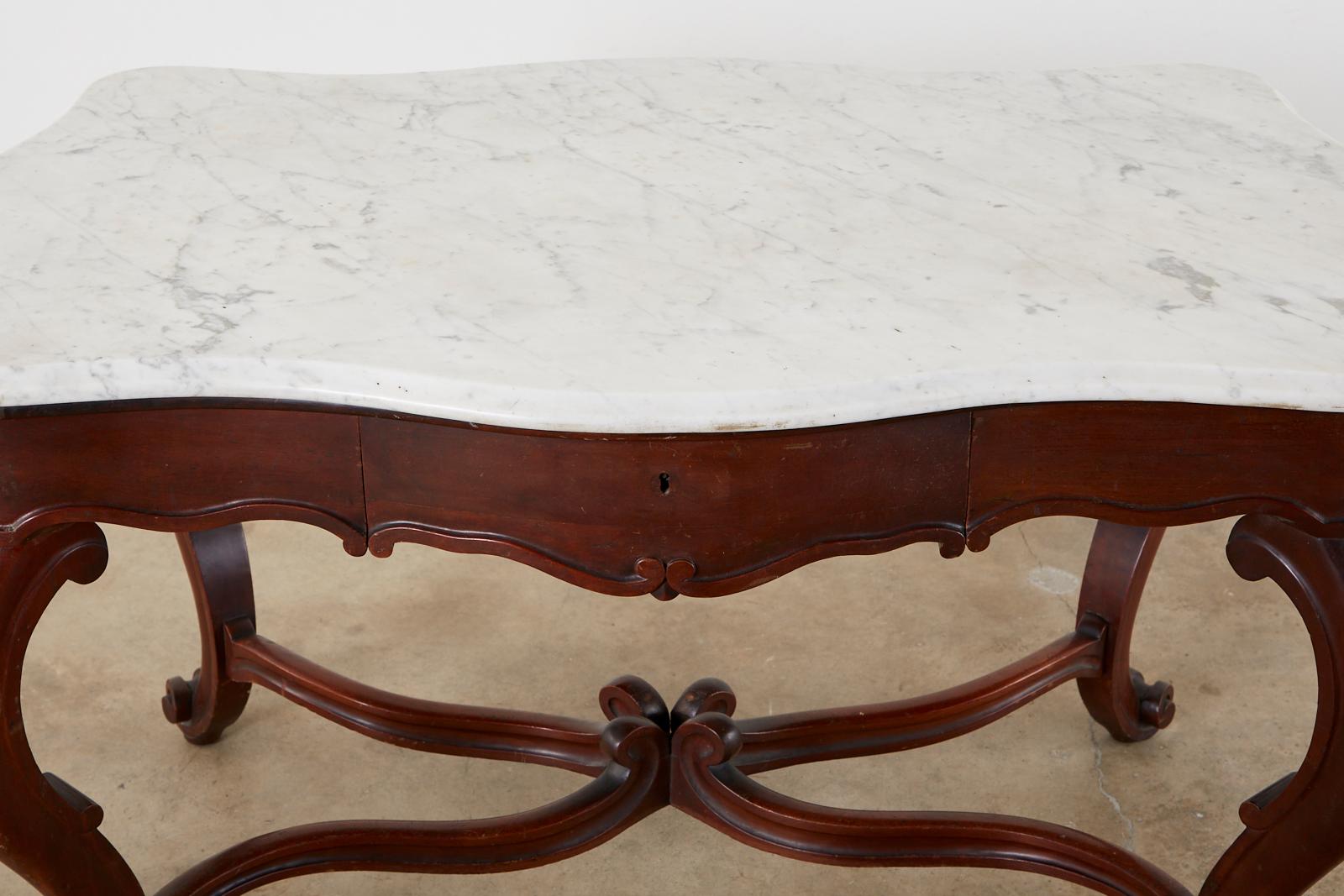Mahogany 19th Century English Victorian Marble-Top Library Writing Table For Sale