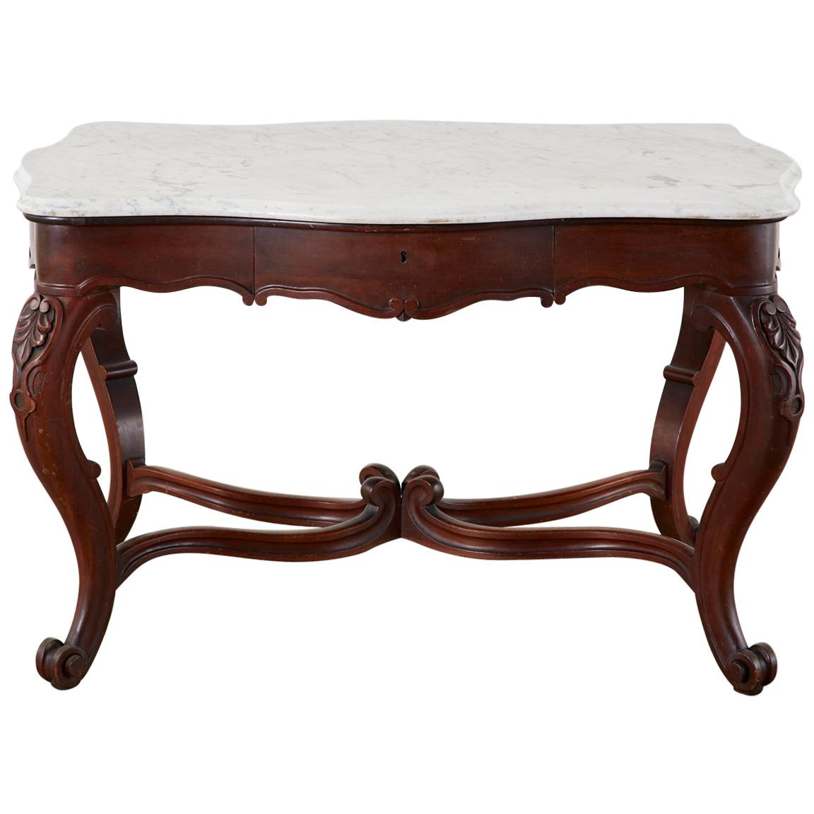 19th Century English Victorian Marble-Top Library Writing Table For Sale
