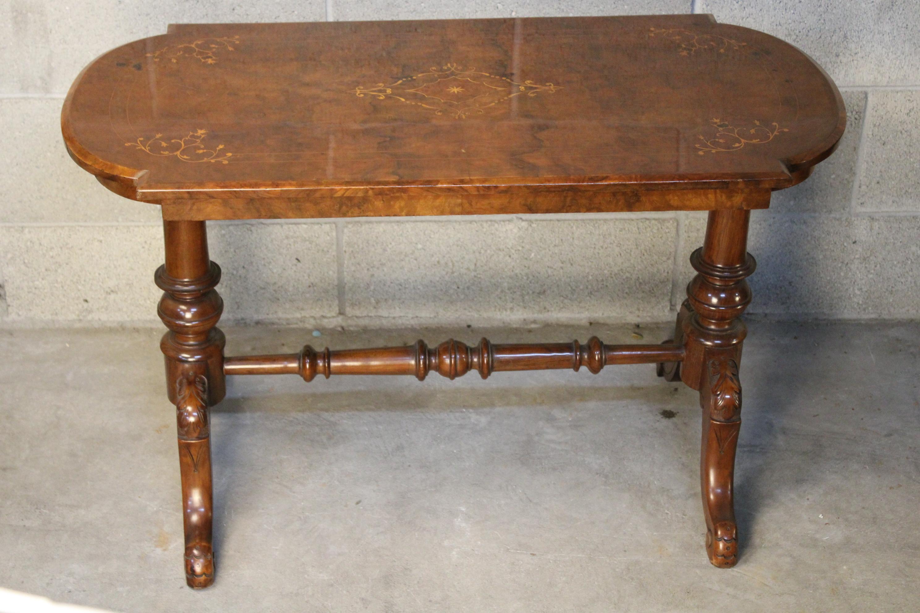 19th Century English Victorian Marquetry Center Table in very good condition and very quality mahogany and burlwood 
will be shipped inside a wood box 
storage and container shipping also available