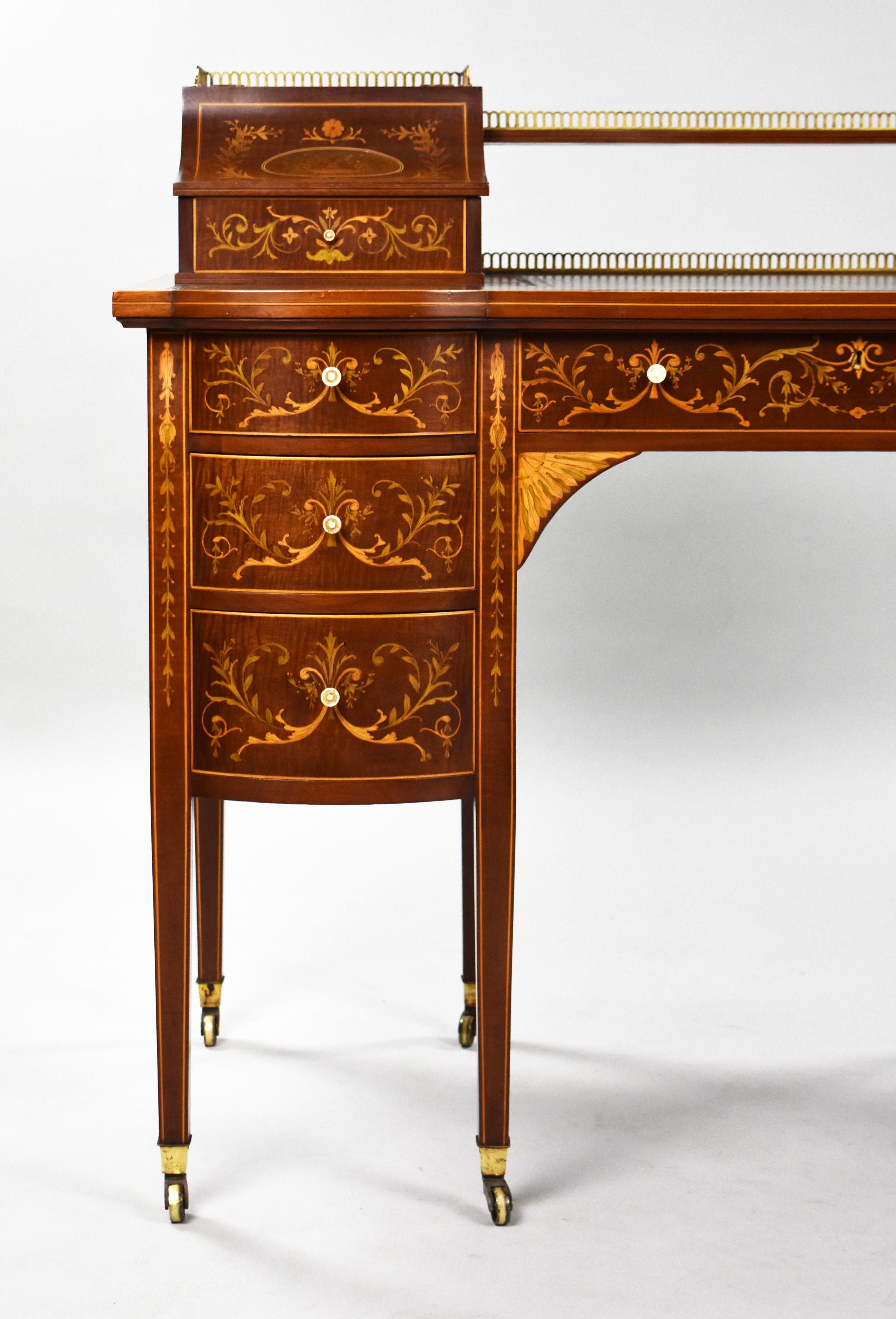 Mahogany 19th Century English Victorian Marquetry Inlaid Carlton House Desk For Sale