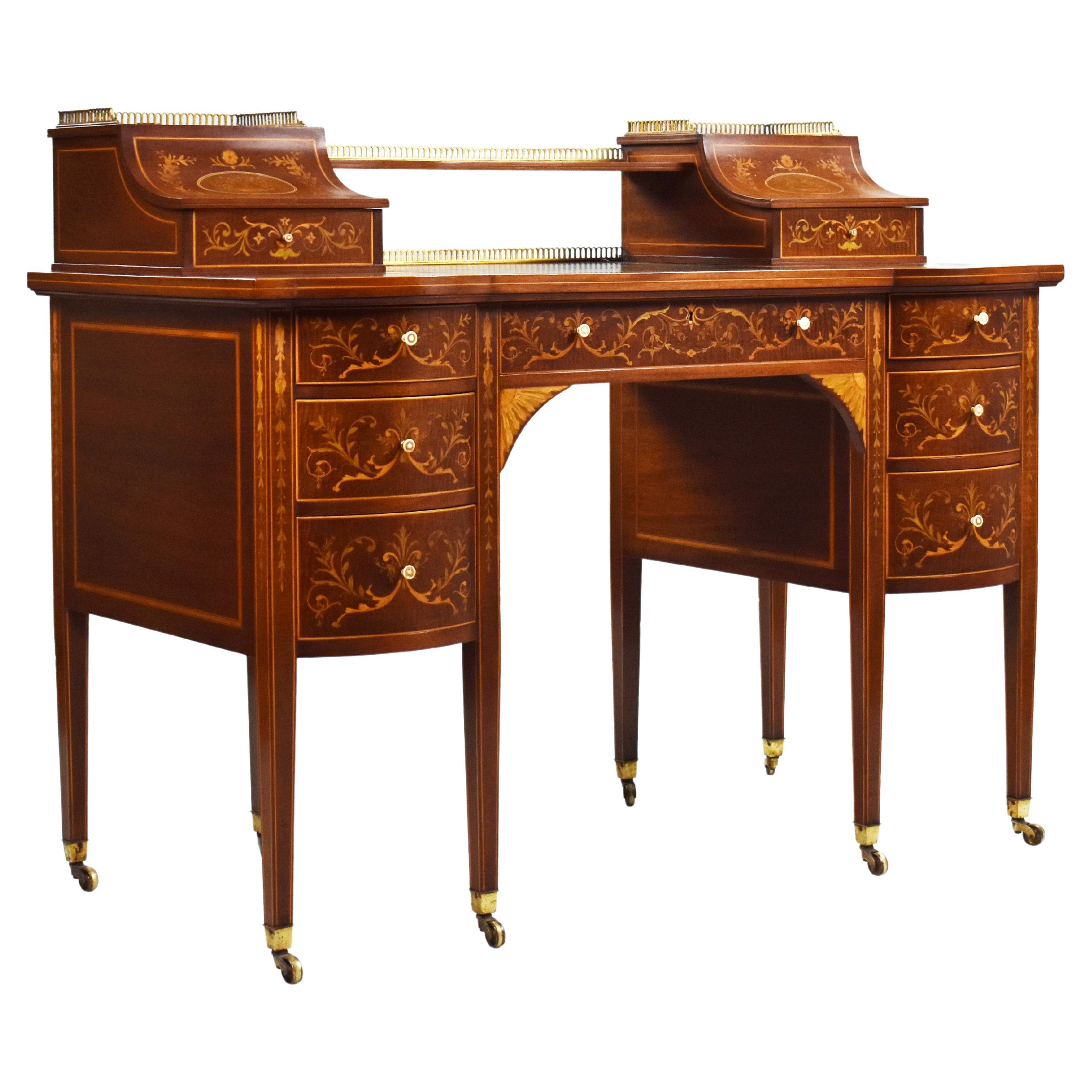 19th Century English Victorian Marquetry Inlaid Carlton House Desk