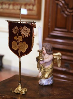 19th Century English Victorian Needlepoint Heat Shield Screen on Brass Stand