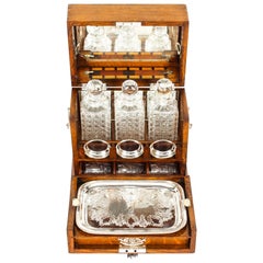 Antique 19th Century English Victorian Oak Three Crystal Decanter Tantalus Dry Bar