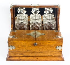 19th Century English Victorian Oak Three Crystal Decanter Tantalus