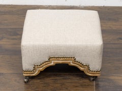 19th Century English Victorian Oak Upholstered Footstool on Casters