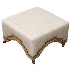 19th Century English Victorian Oak Upholstered Footstool on Casters