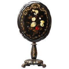 19ème siècle Anglais Victorien Ovale Papier Mâché Peint Noir Table Tilt-Top