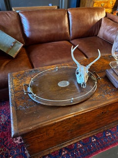 19th Century English Victorian Oval Oak Servery Tray with Silver Plated Handles