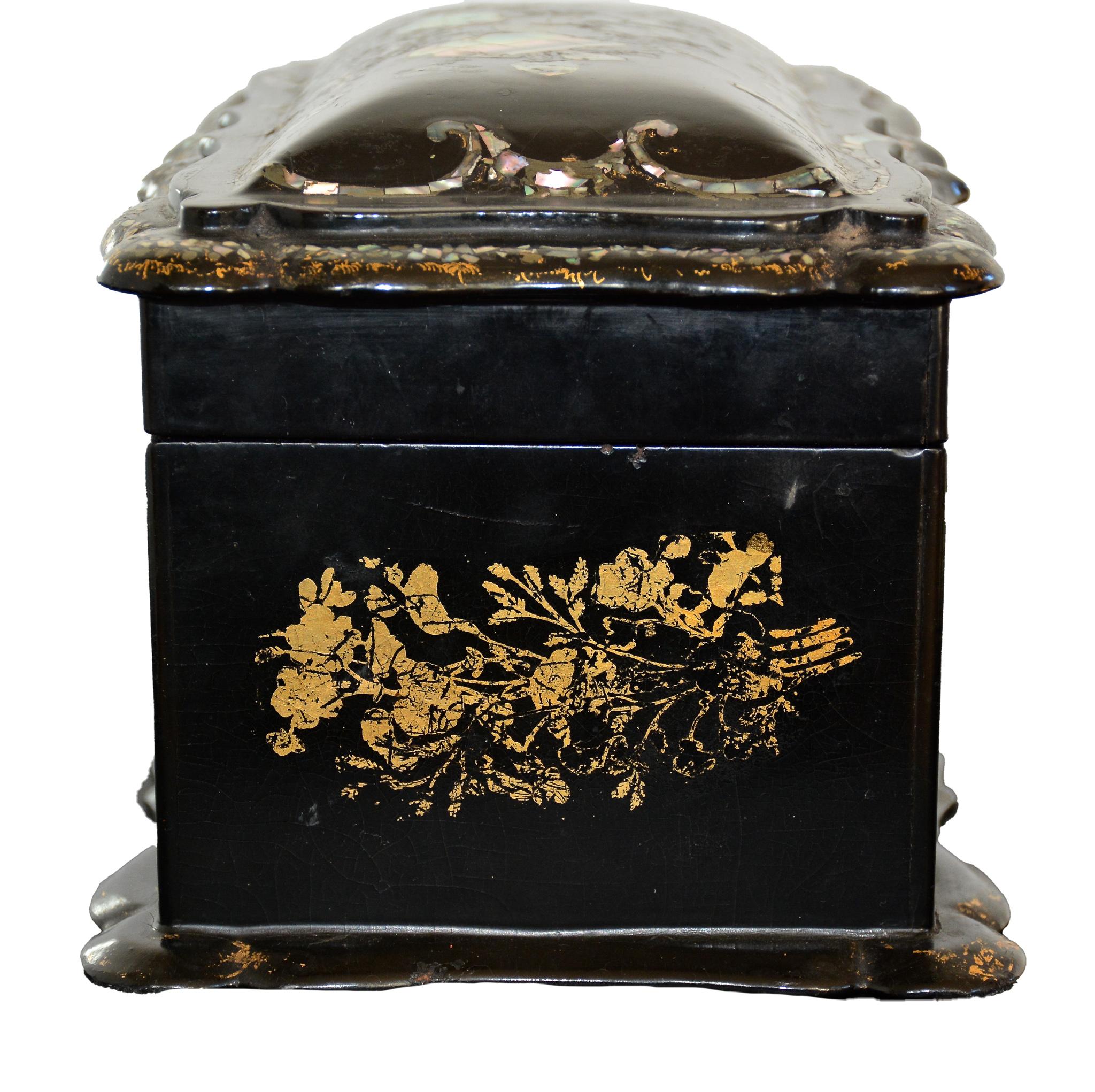 Abalone 19th Century English Victorian Papier Mache Inlay & Gold Leaf Box For Sale