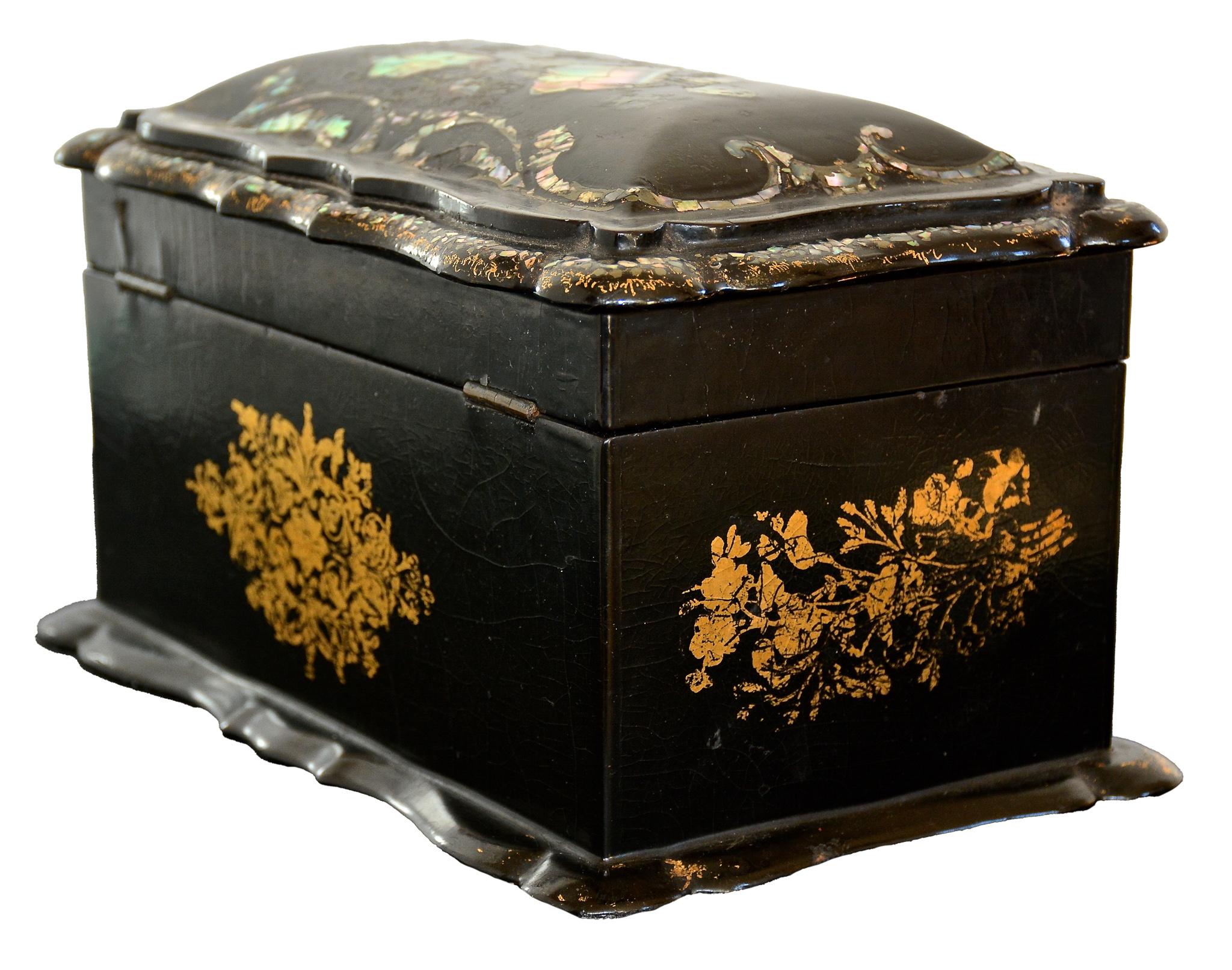 19th Century English Victorian Papier Mache Inlay & Gold Leaf Box For Sale 1