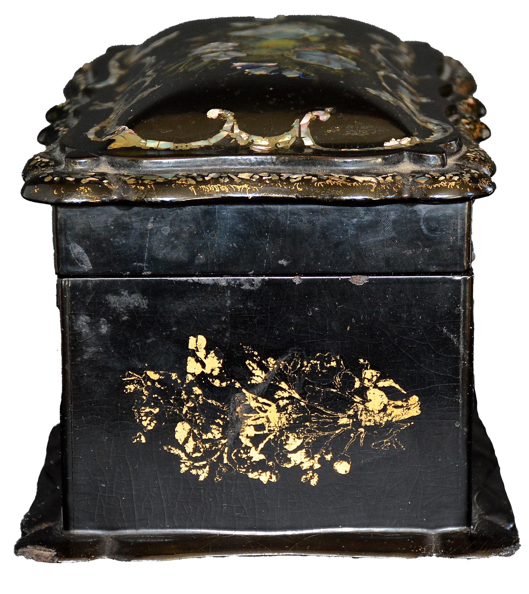 19th Century English Victorian Papier Mache Inlay & Gold Leaf Box For Sale 4