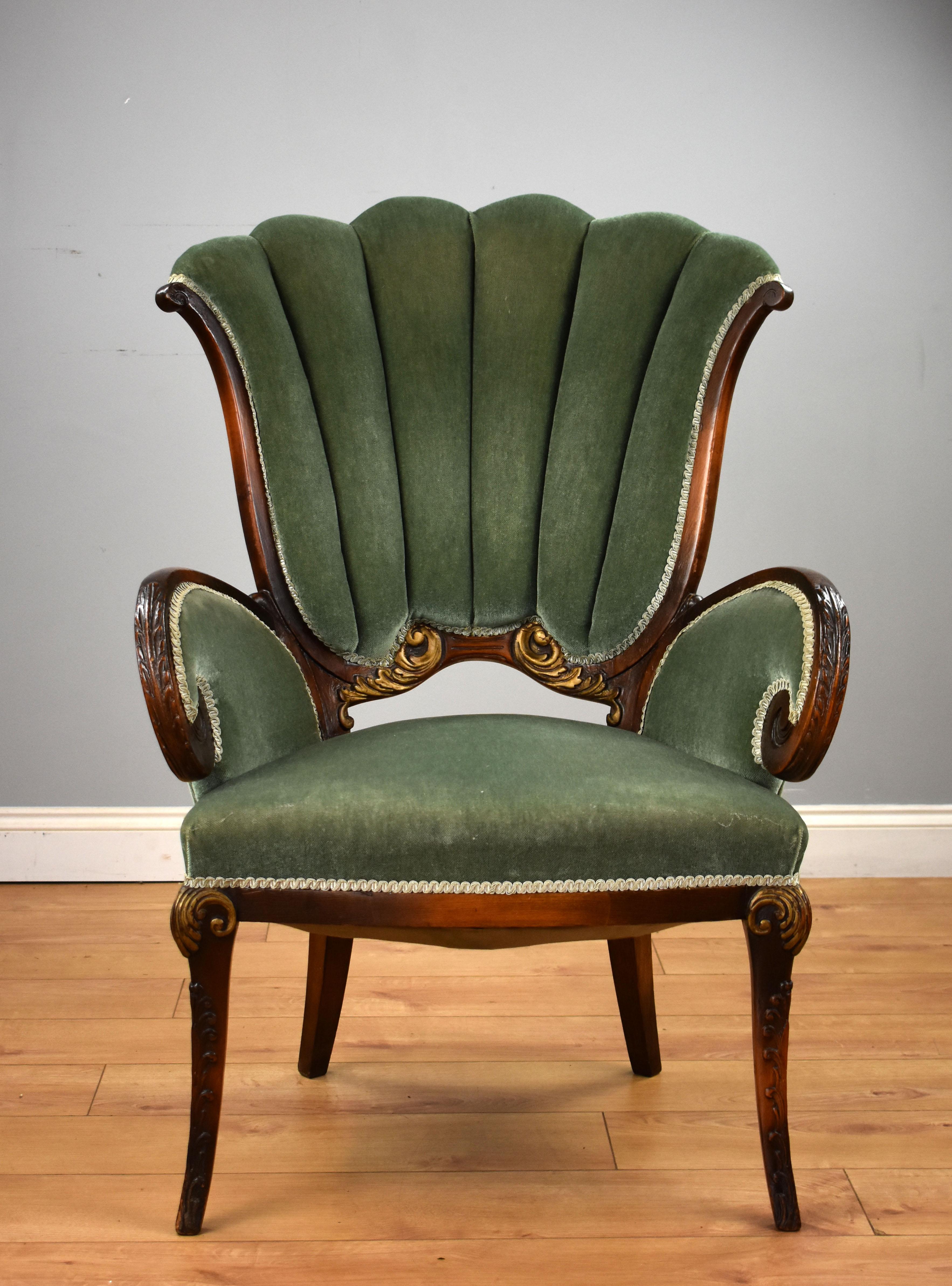 For sale is a good quality 19th century Victorian drawing room chair, having a fan shaped back, standing on carved legs. The chair remains structurally sound and is in good condition for its age.

Measures: Width: 30