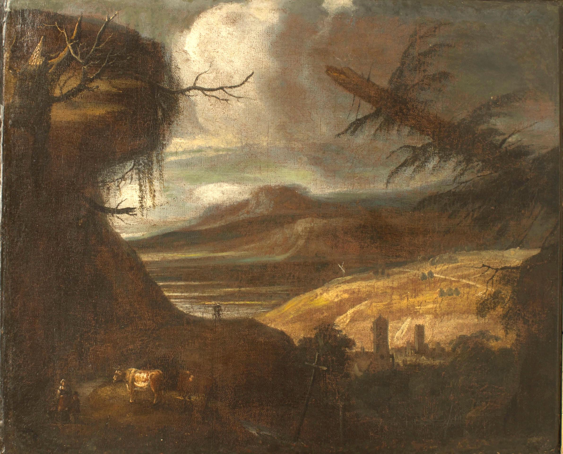 Peinture à l'huile anglaise victorienne encadrée et sculptée d'un paysage avec des personnages du 19ème siècle avec une vache au premier plan et une scène de vallée en arrière-plan.
 