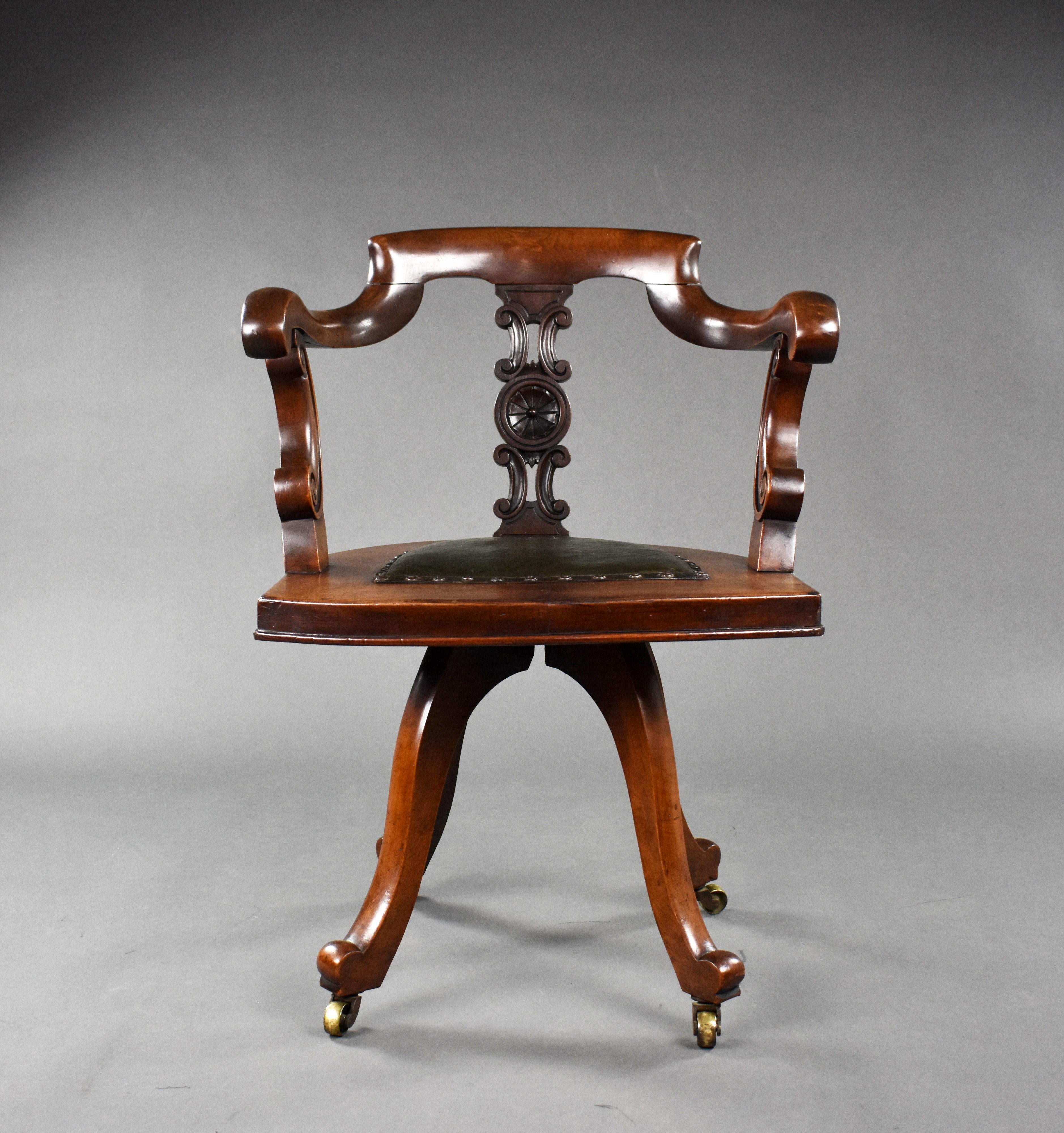 19th Century English Victorian Red Walnut Swivel Desk Chair 1