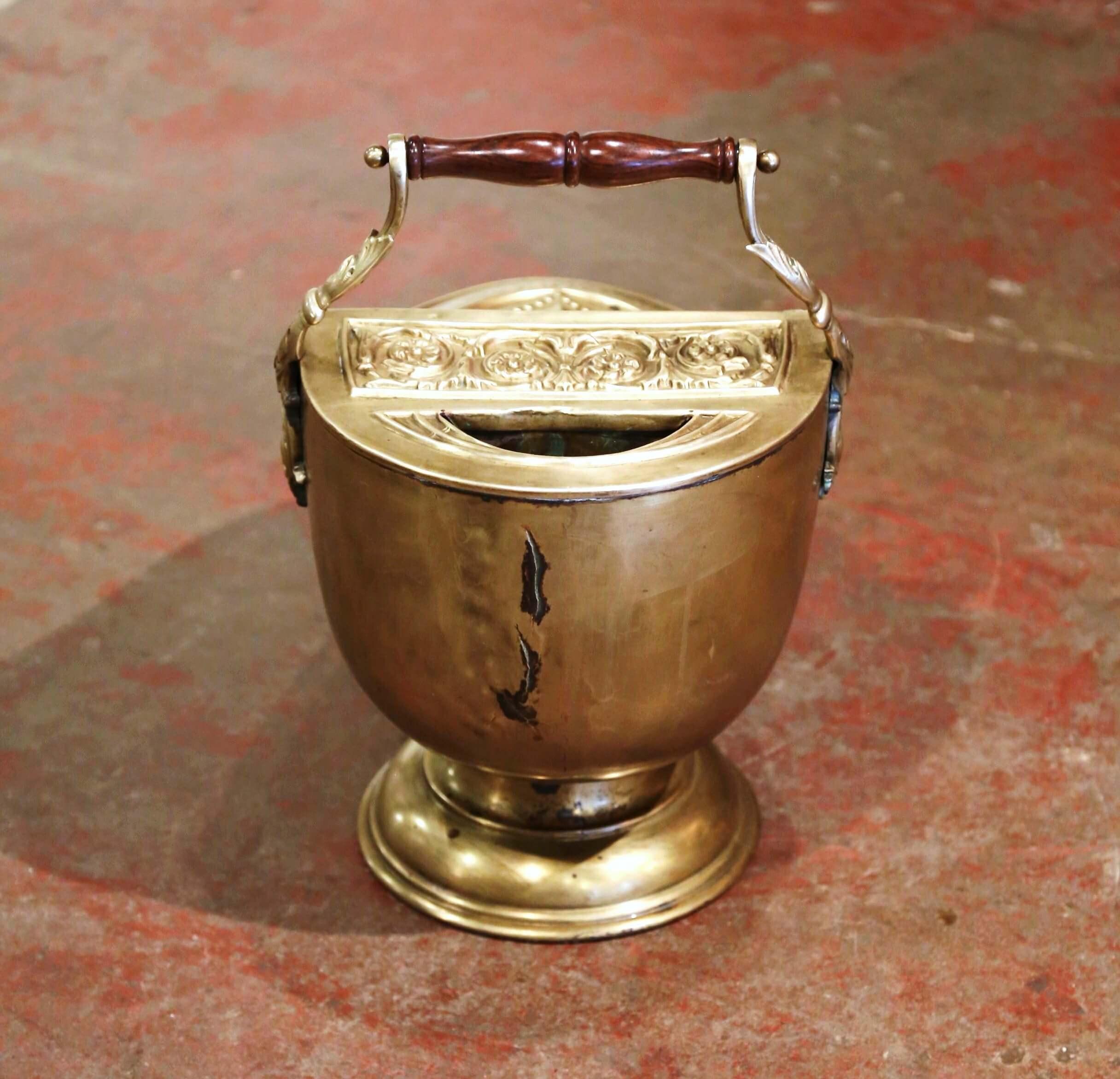 19th Century English Victorian Repousse Brass Coal Bucket with Original Scoop 11
