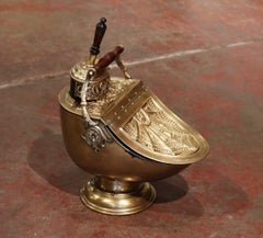19th Century English Victorian Repousse Brass Coal Bucket with Original Scoop