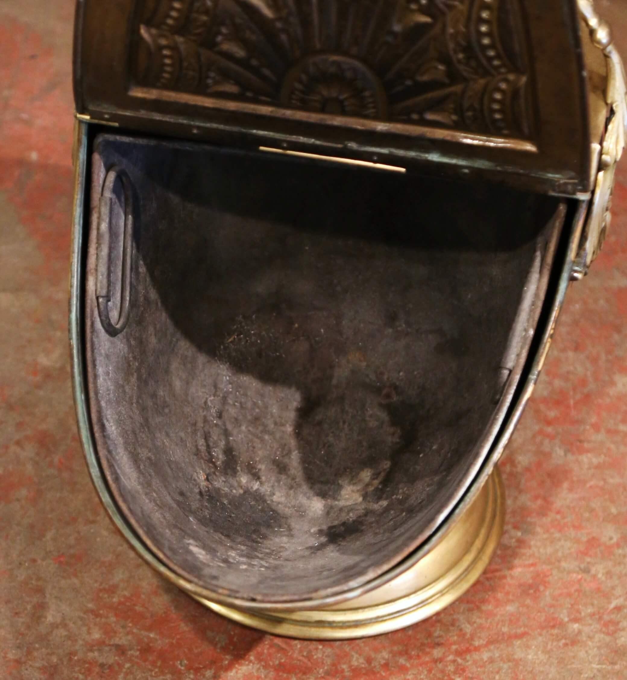 19th Century English Victorian Repousse Brass Coal Bucket with Original Scoop 3