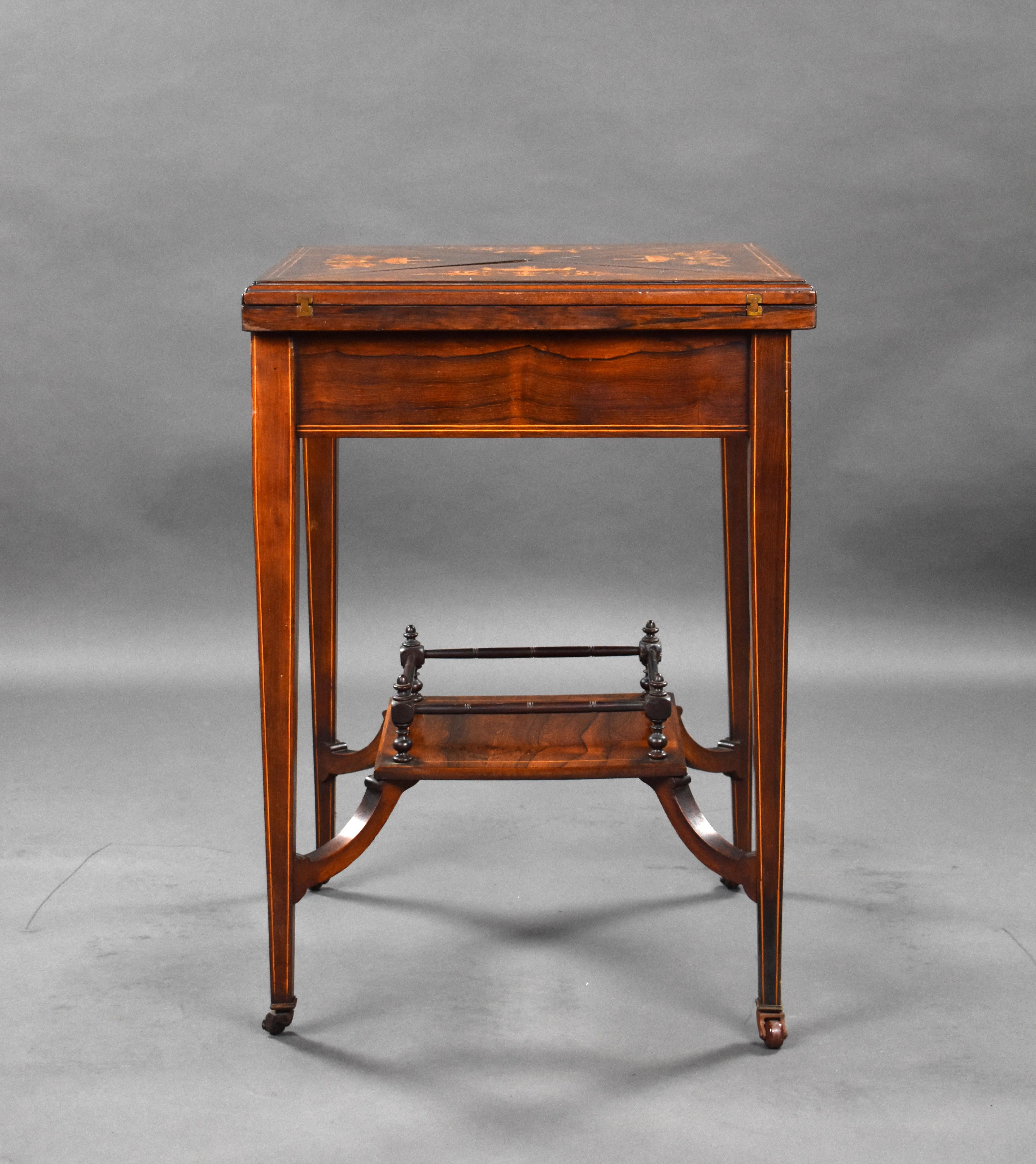 19th Century English Victorian Rosewood Inlaid Envelope Card Table For Sale 6