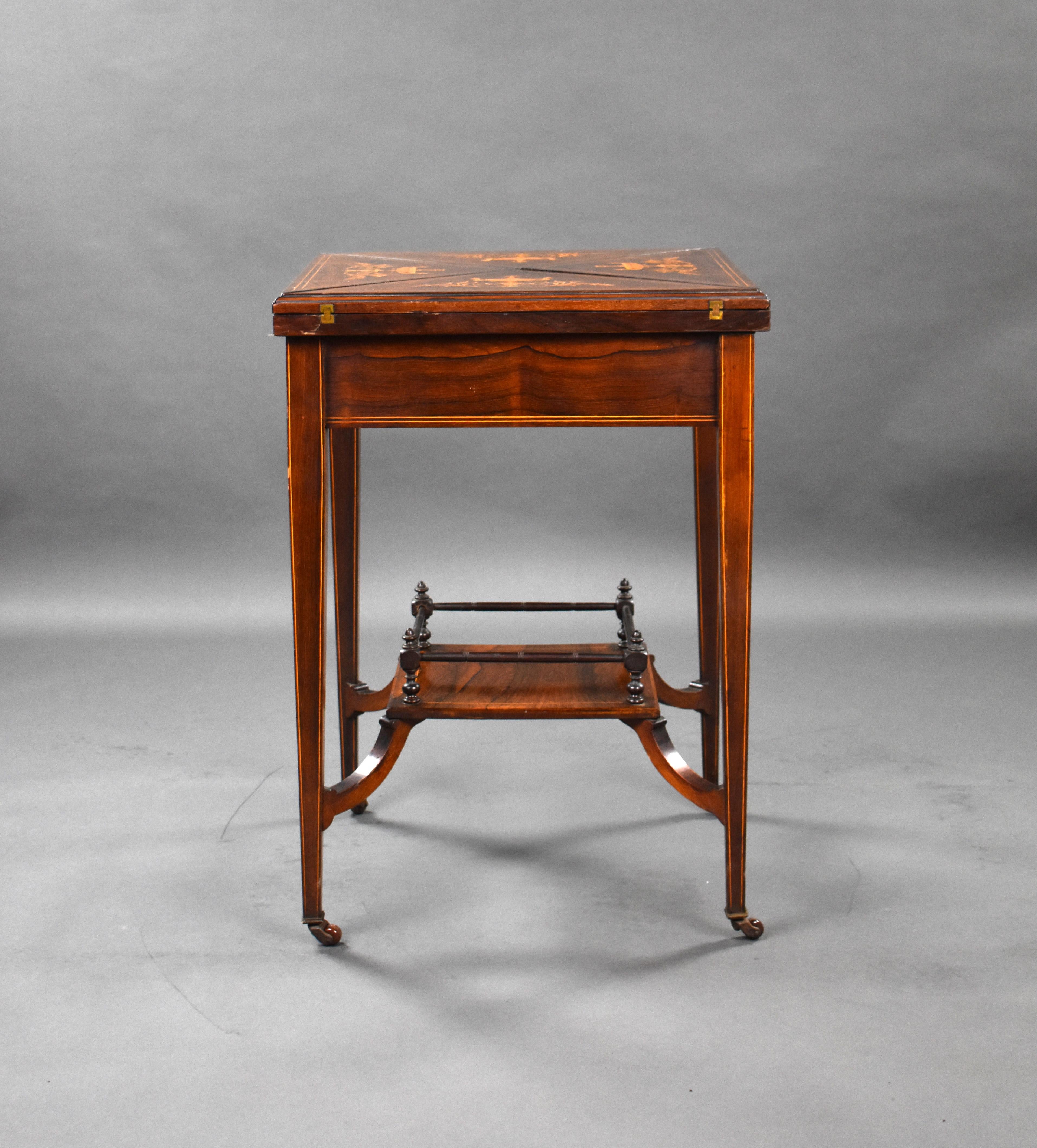 19th Century English Victorian Rosewood Inlaid Envelope Card Table For Sale 8