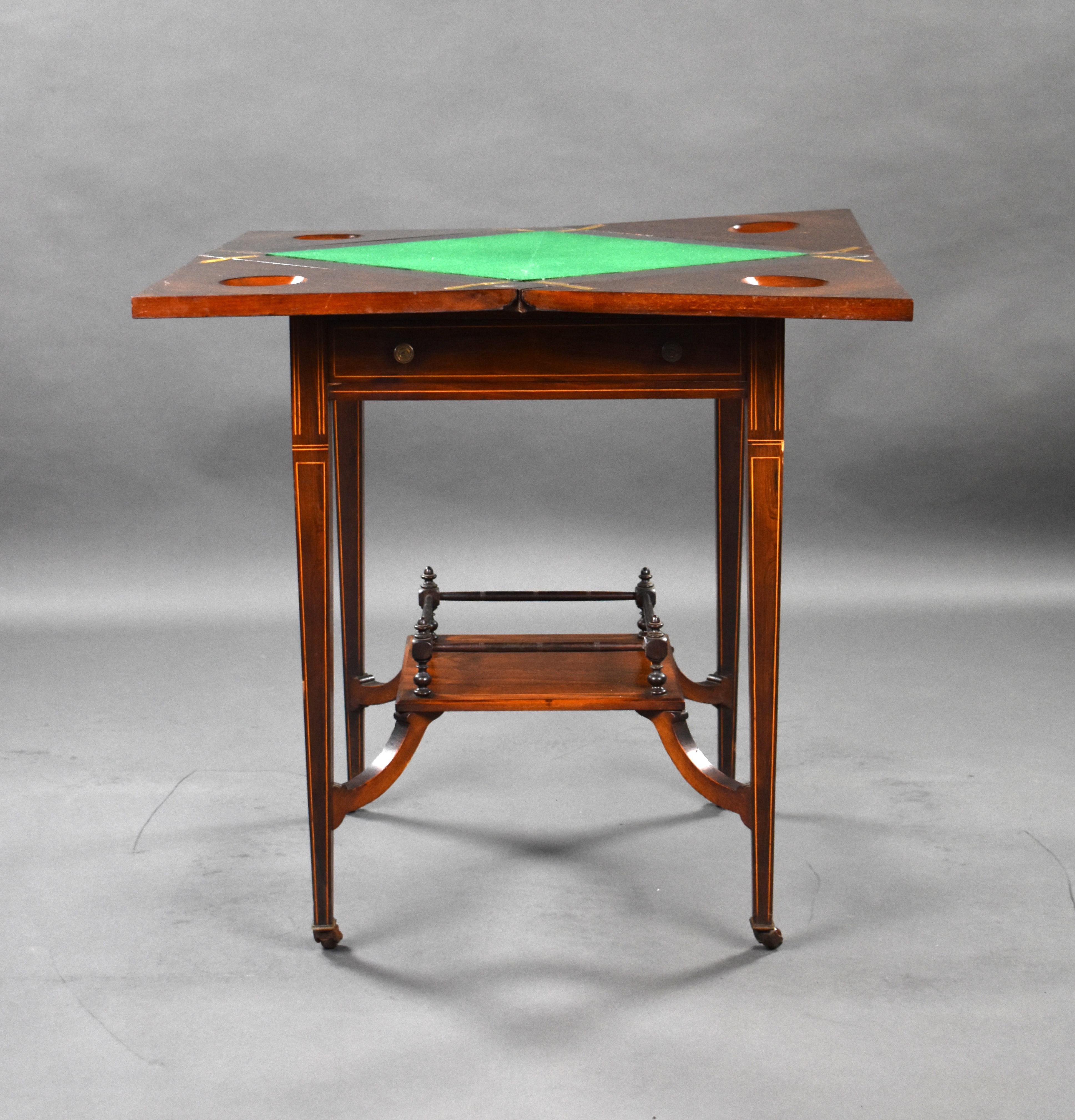 19th Century English Victorian Rosewood Inlaid Envelope Card Table For Sale 3