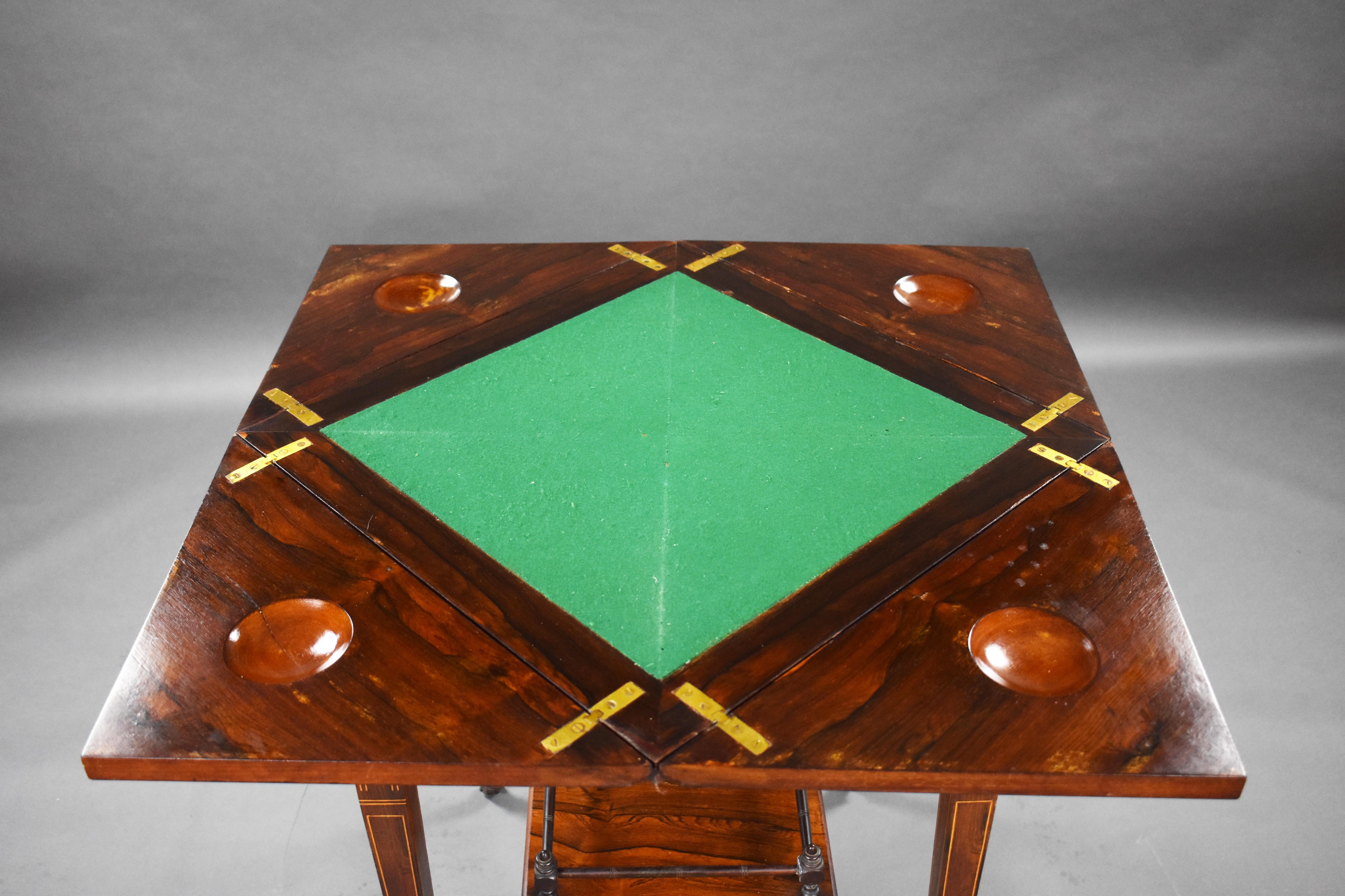 19th Century English Victorian Rosewood Inlaid Envelope Card Table For Sale 4