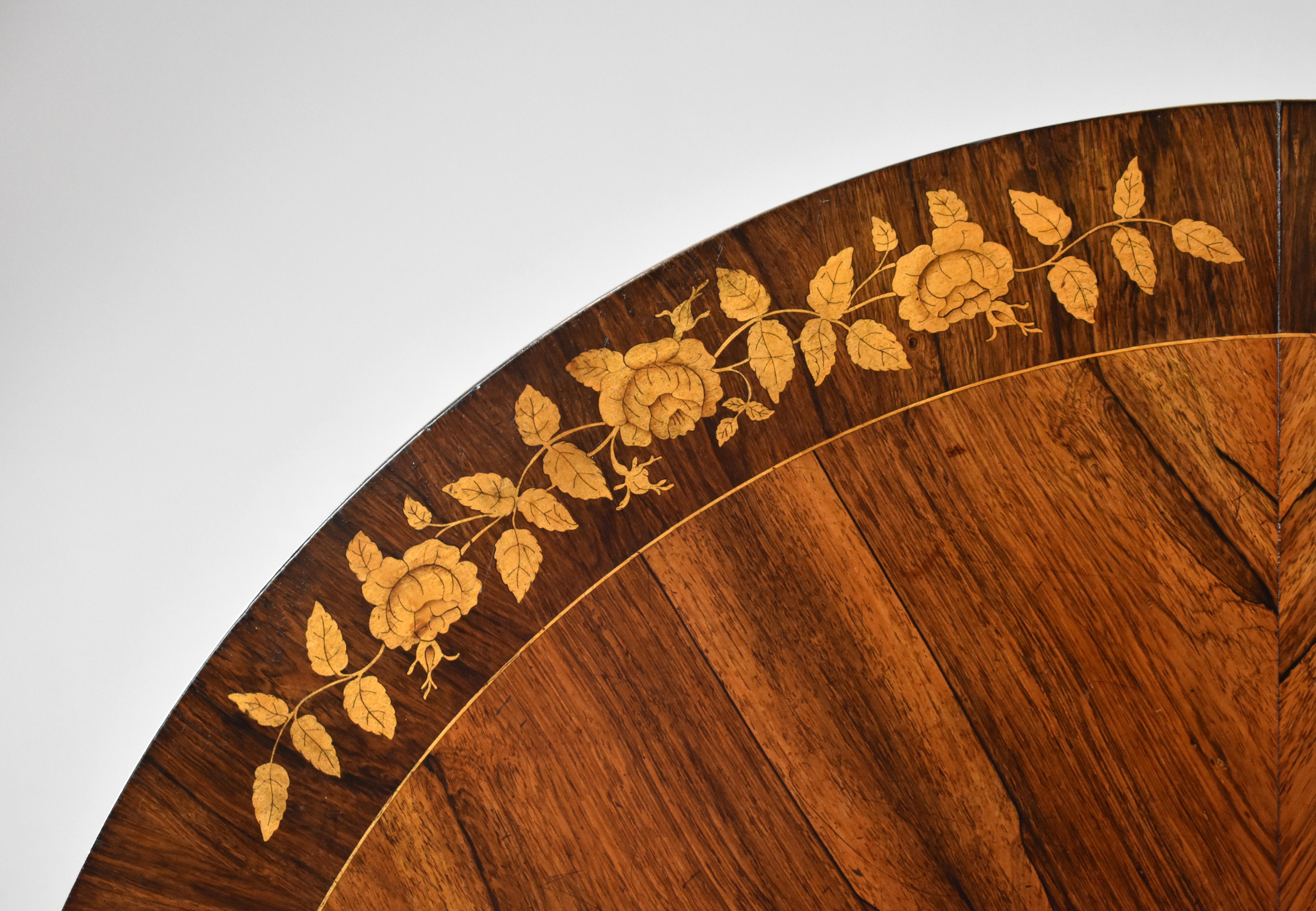 Early Victorian 19th Century English Victorian Rosewood Marquetry Circular Table by Druce & Co