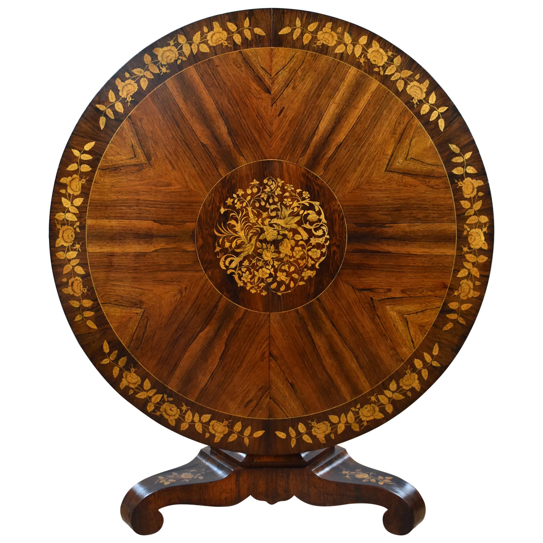 19th Century English Victorian Rosewood Marquetry Circular Table by Druce & Co