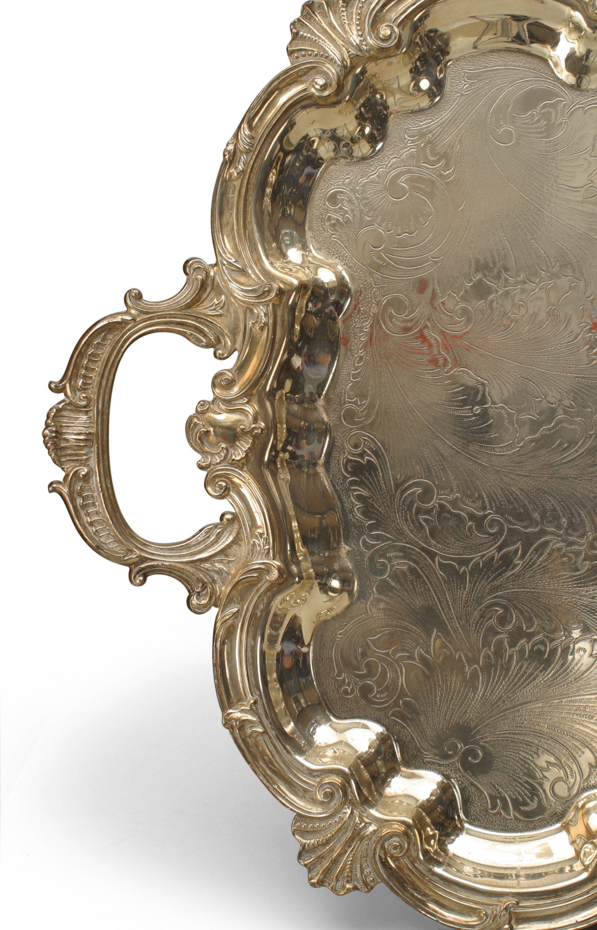 English Victorian silver-plate serving tray with handles and a scalloped edge with an etched floral design surface (with multiple hallmarks).
 