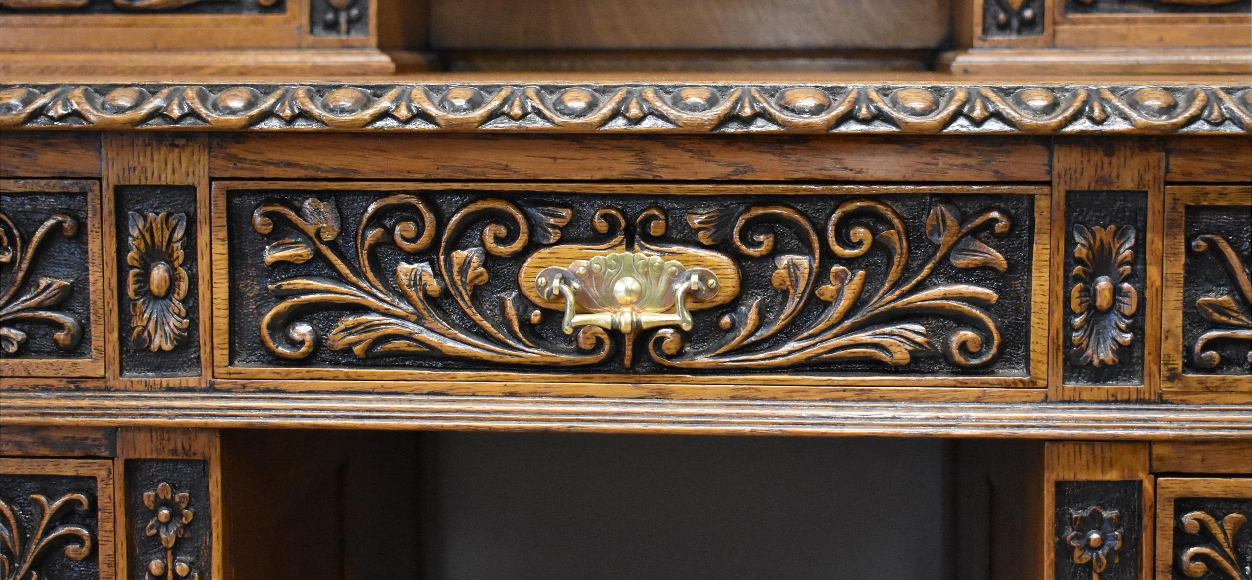 19th Century English Victorian Solid Carved Oak Pedestal Desk 1