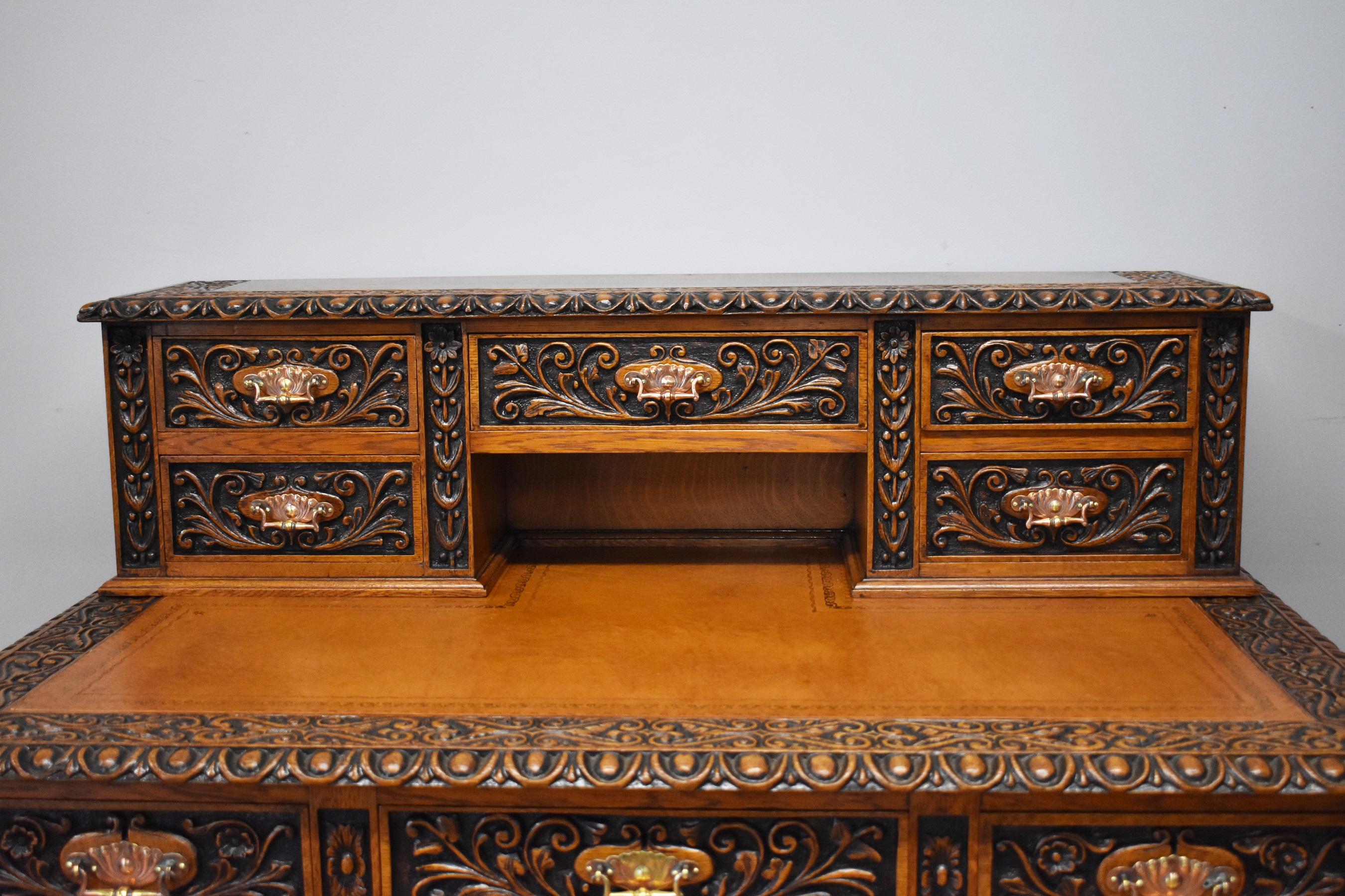 19th Century English Victorian Solid Carved Oak Pedestal Desk 2