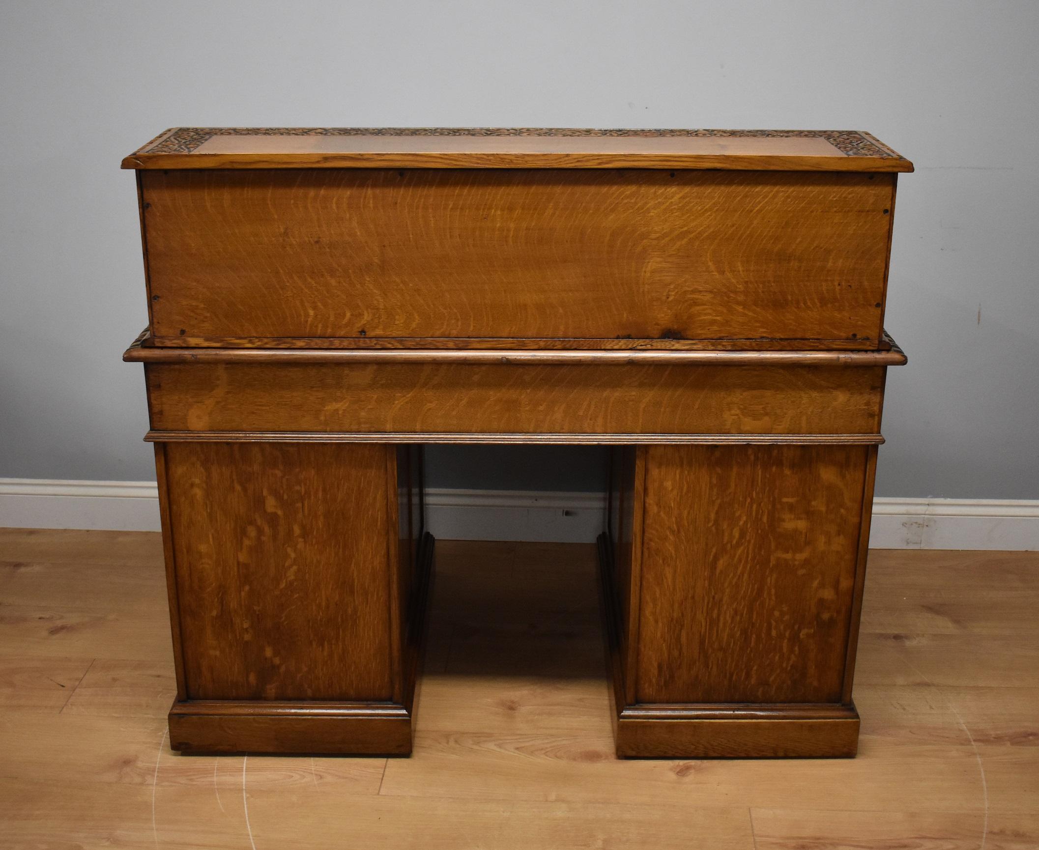 19th Century English Victorian Solid Carved Oak Pedestal Desk 4