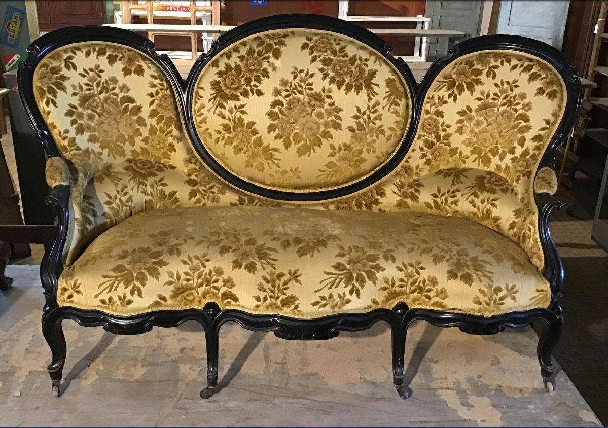 19th century English Victorian three-seat sofa in black ebonized wood with original brocade fabric from 1890s.